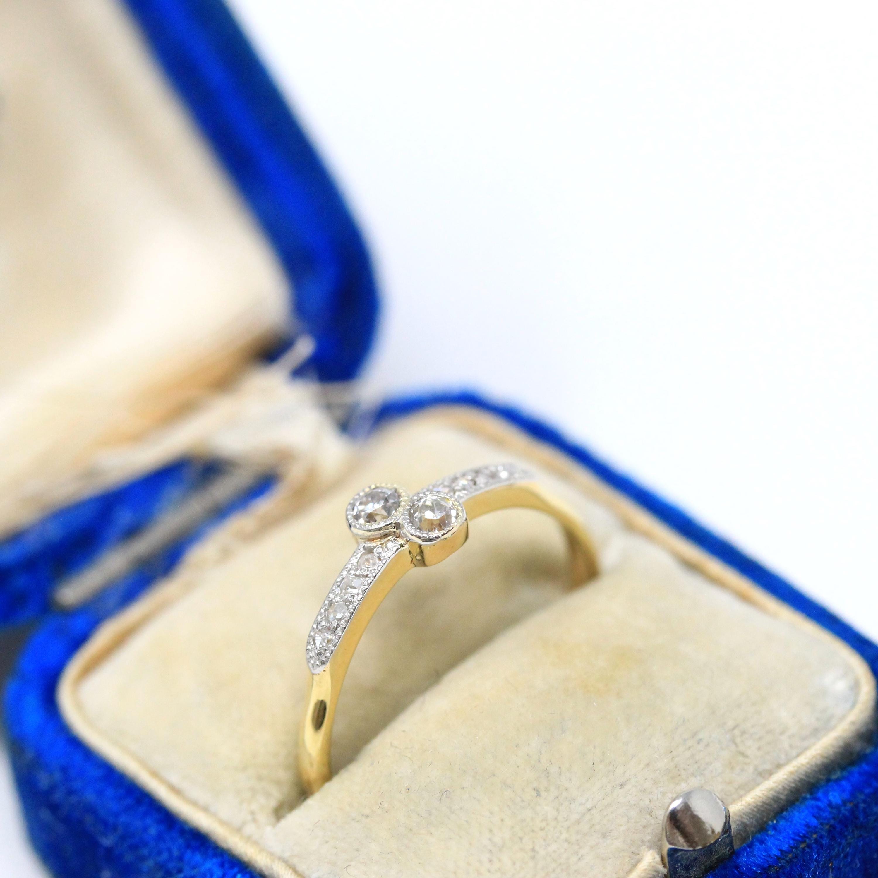 Vintage Toi Et Moi Ring - Mid Century 18k Yellow Gold Platinum Bypass Natural Diamond Engagement Band - Circa 1950s Era Size 8 Fine Jewelry