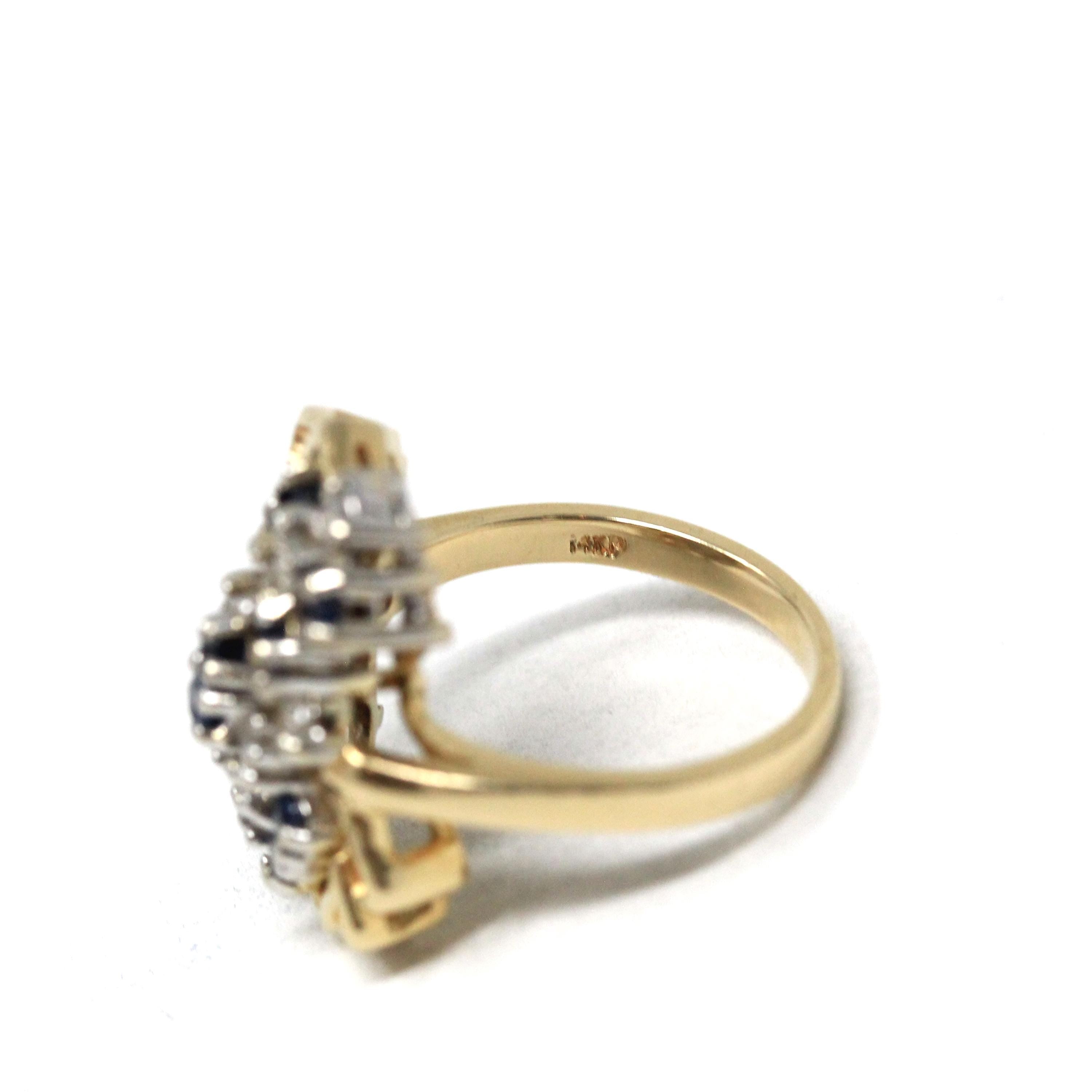 Sapphire & Diamond Ring - Estate 14k Yellow Gold Cluster Natural Gemstones - Modern Circa 1980s Era Size 6 3/4 Anniversary Fine 80s Jewelry