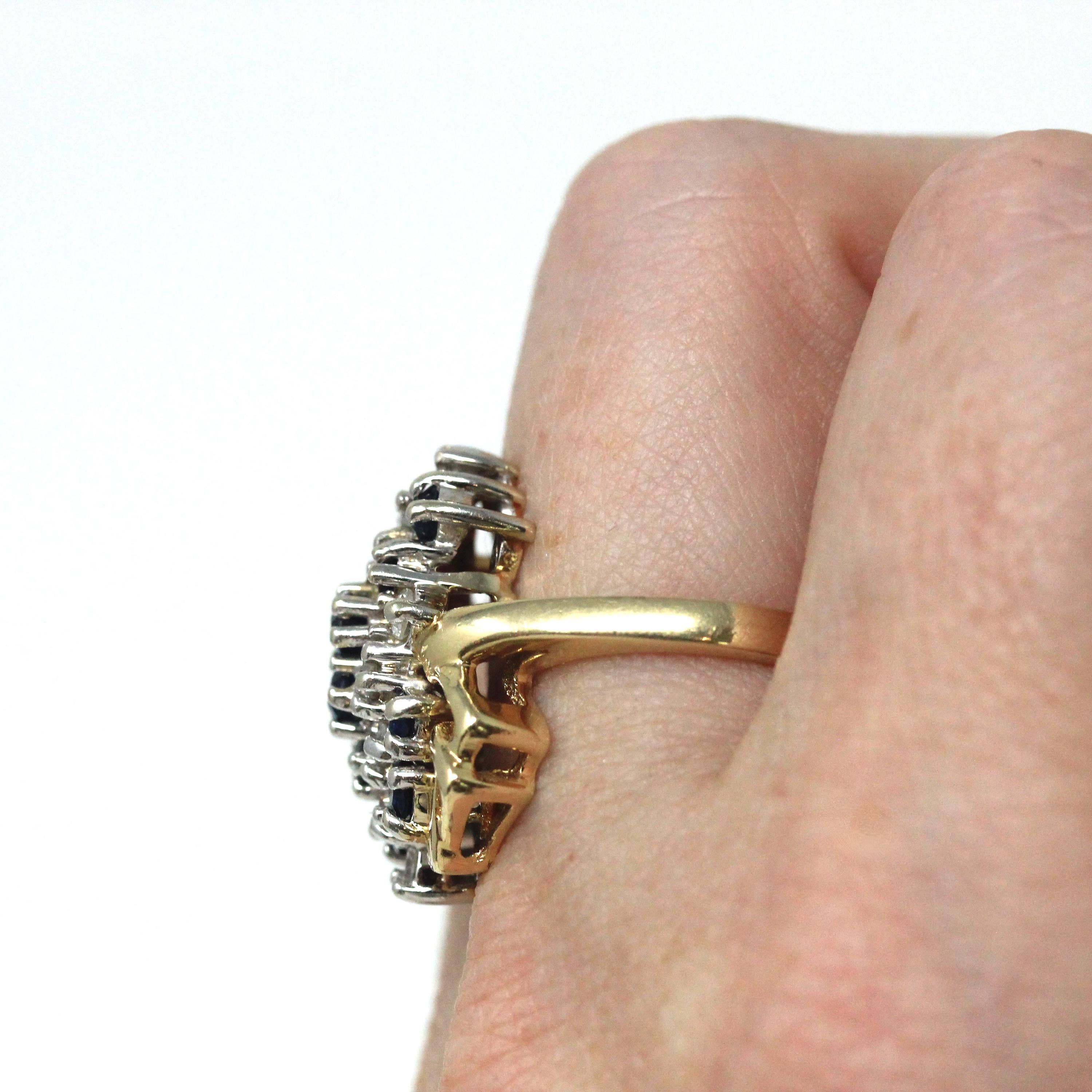 Sapphire & Diamond Ring - Estate 14k Yellow Gold Cluster Natural Gemstones - Modern Circa 1980s Era Size 6 3/4 Anniversary Fine 80s Jewelry