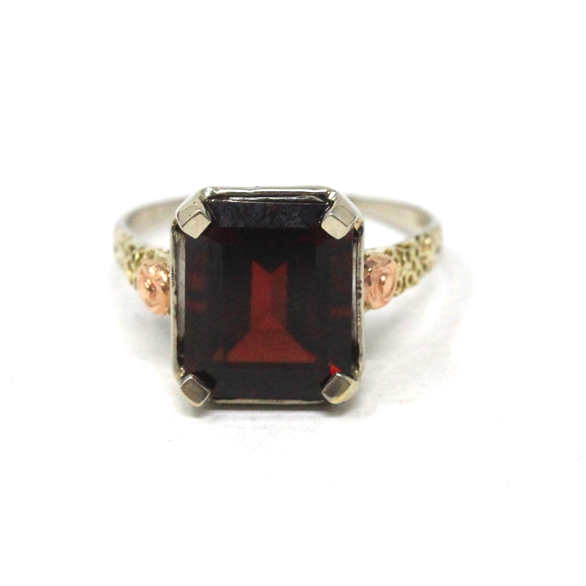 Vintage Garnet Ring - Art Deco 14k White Rose Gold Rectangular Dark Red Gemstone - Circa 1930s Era Size 6 1/2 Tricolor Flower Fine Jewelry
