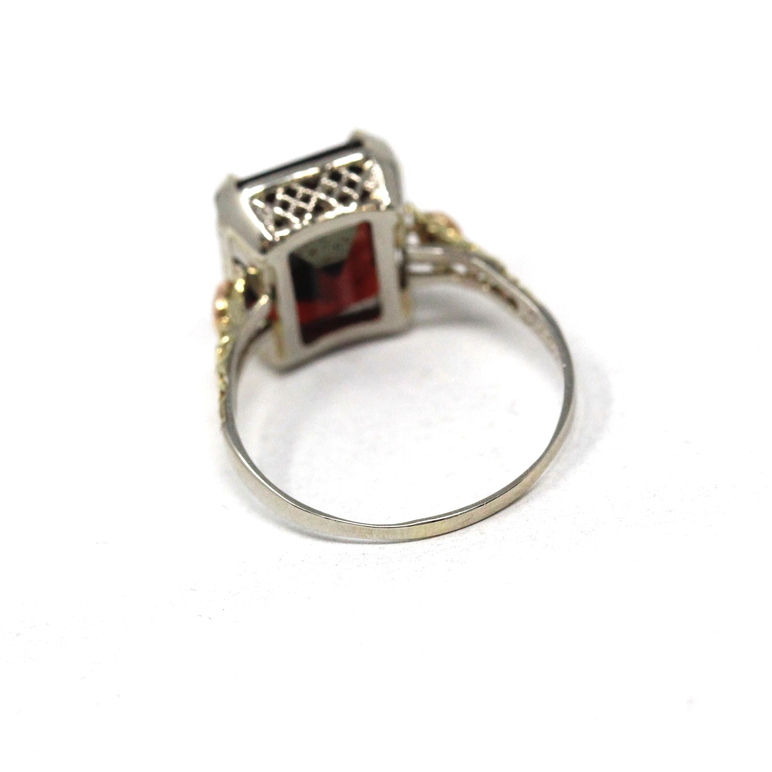 Vintage Garnet Ring - Art Deco 14k White Rose Gold Rectangular Dark Red Gemstone - Circa 1930s Era Size 6 1/2 Tricolor Flower Fine Jewelry