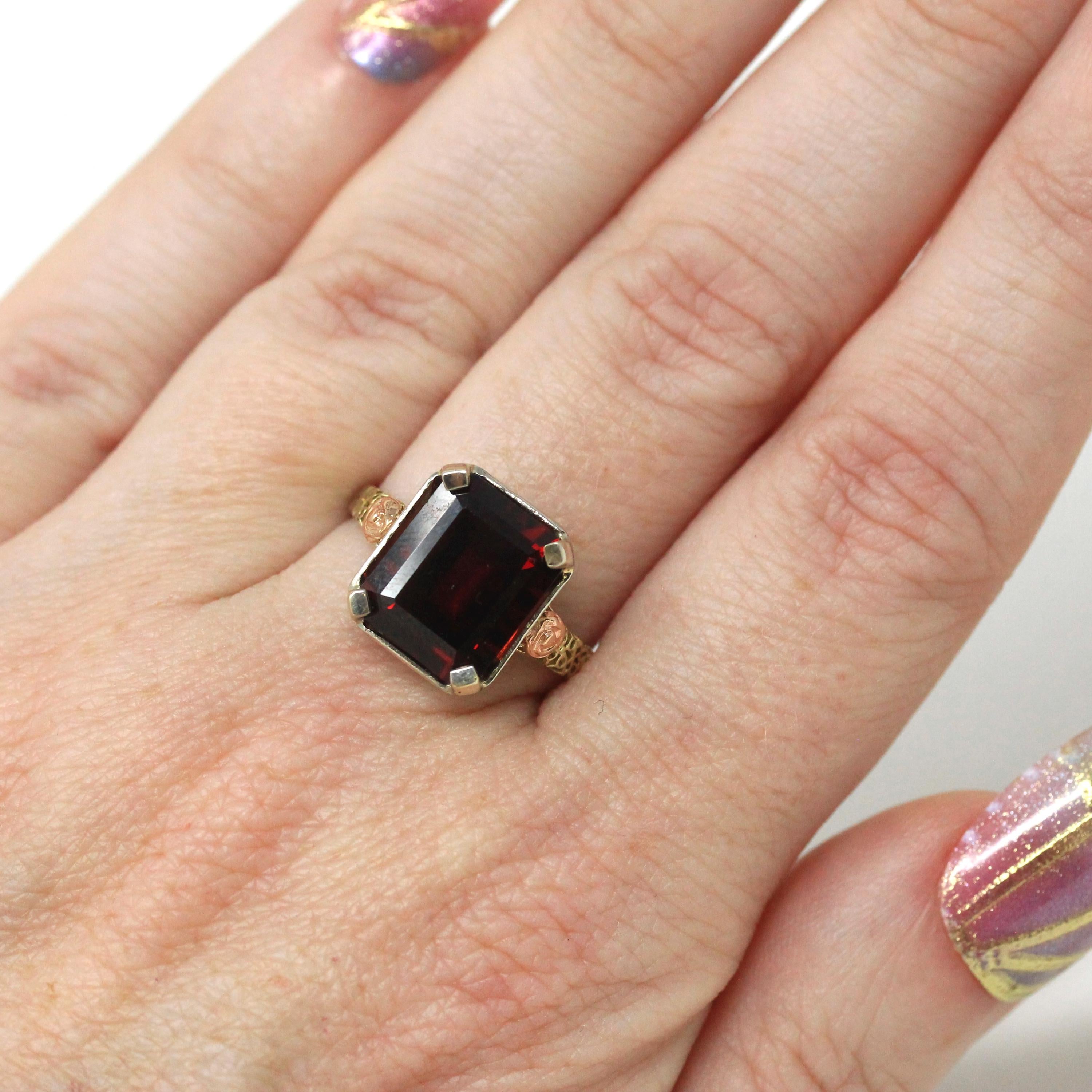 Vintage Garnet Ring - Art Deco 14k White Rose Gold Rectangular Dark Red Gemstone - Circa 1930s Era Size 6 1/2 Tricolor Flower Fine Jewelry