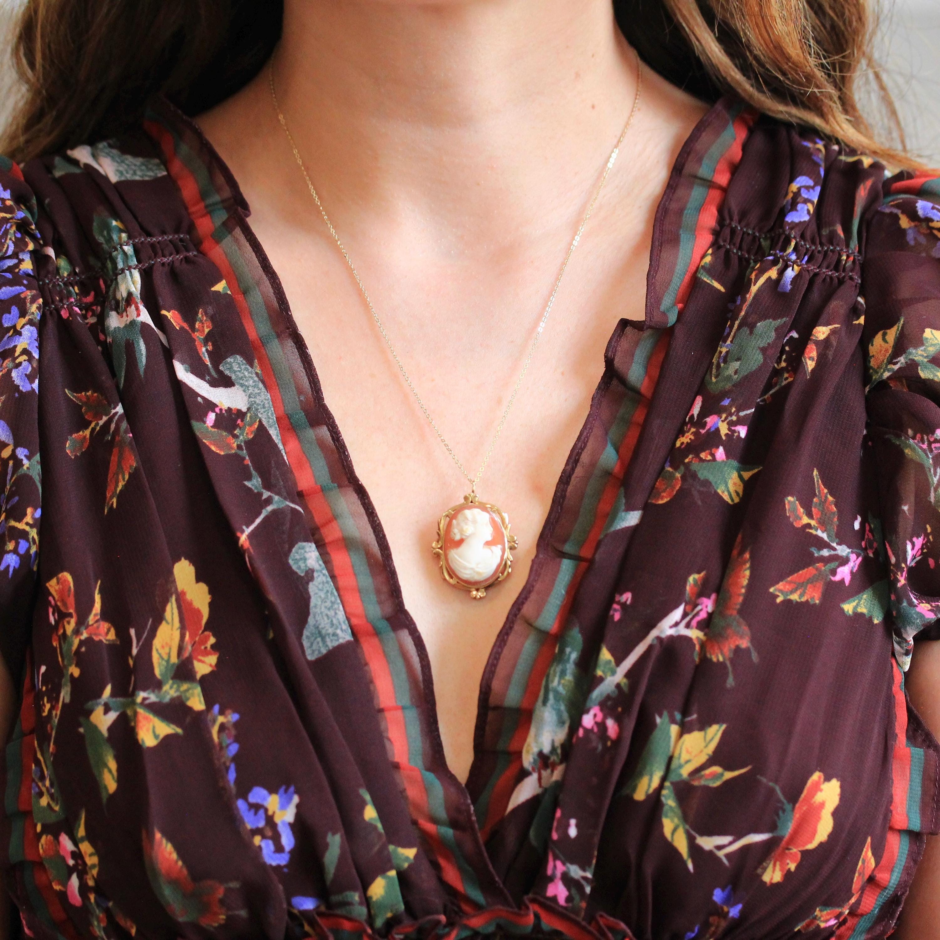 Vintage Cameo Necklace - Mid Century 10k Yellow Gold Carved Shell Woman's Profile Pendant - Circa 1950s Era Statement Brooch Fine Jewelry