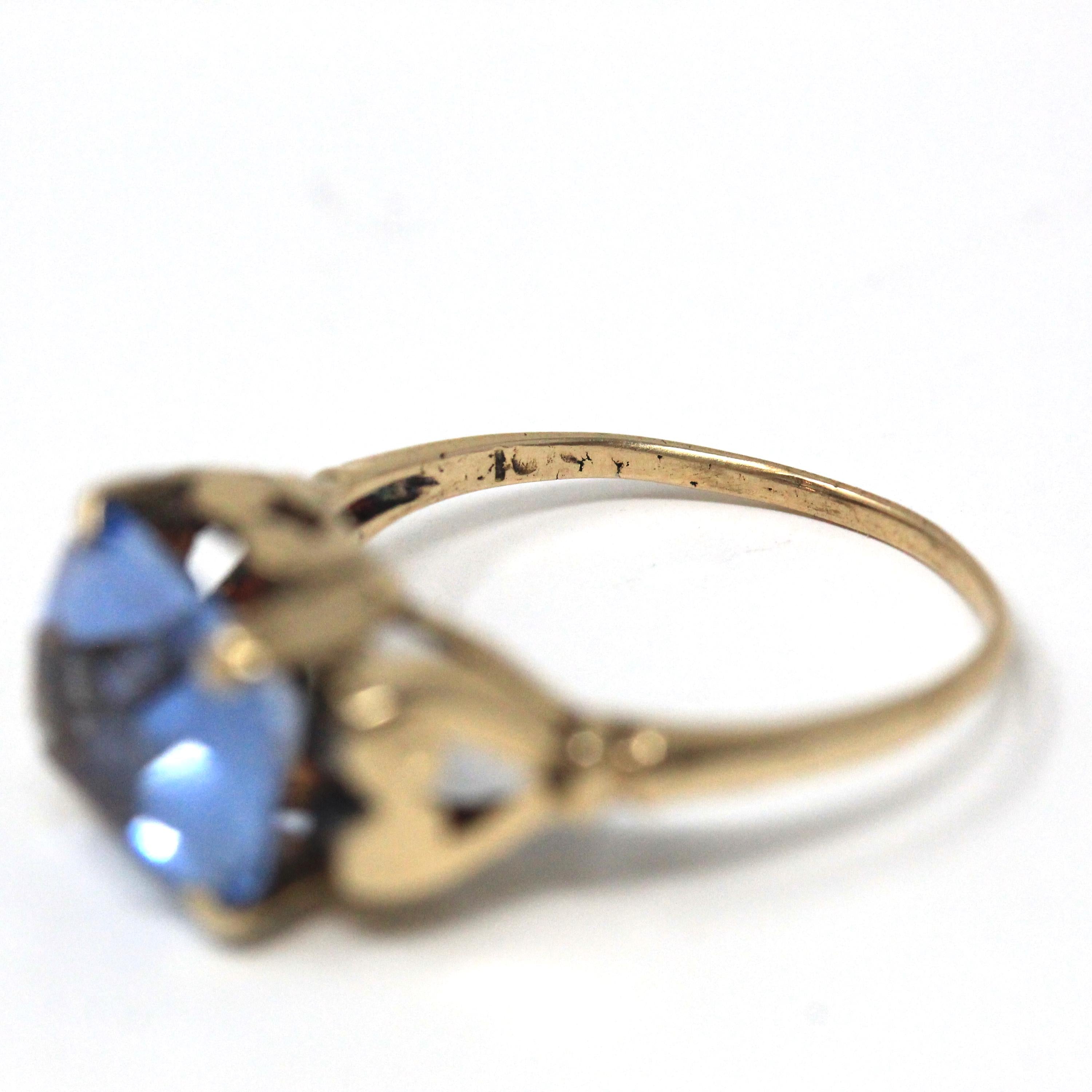 Simulated Aqua Ring - Mid Century Era 10k Yellow Gold Emerald Cut Blue Glass - Circa 1940s Size 6 1/4 Heart March Birthstone Fine Jewelry