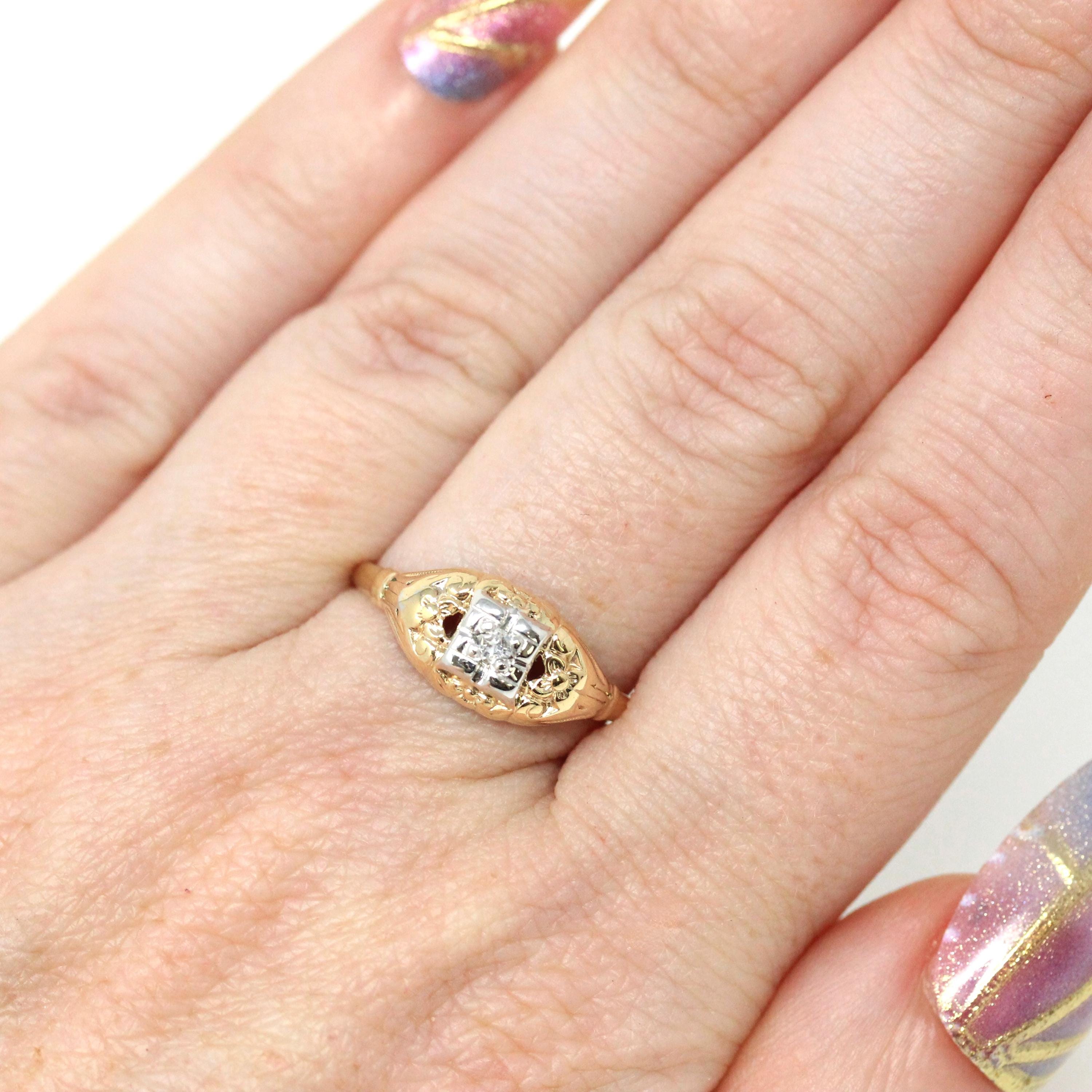 Vintage Diamond Ring - Mid Century 14k Yellow Gold Illusion Head .03 CT Setting - Circa 1940s Era Size 7 Fine Two Tone Engagement Jewelry