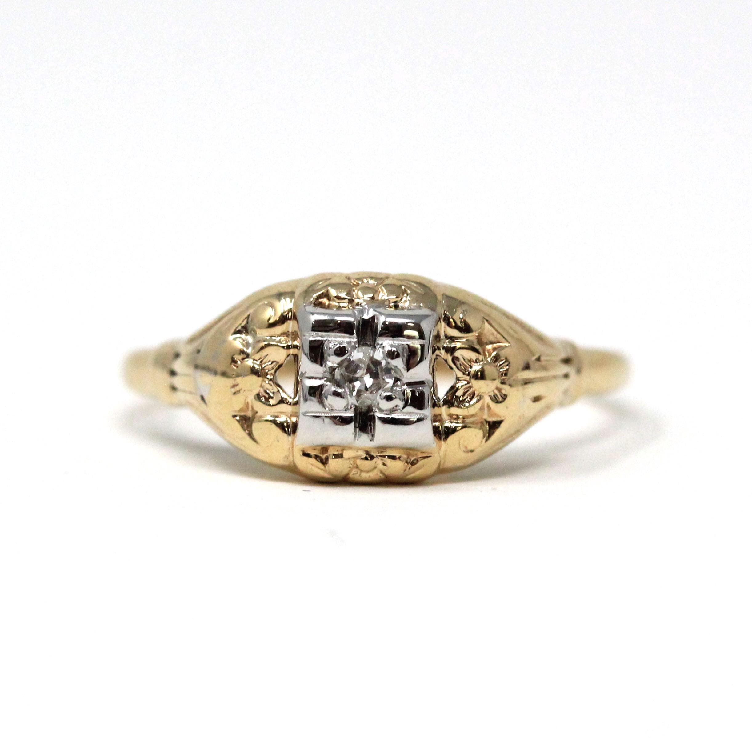 Vintage Diamond Ring - Mid Century 14k Yellow Gold Illusion Head .03 CT Setting - Circa 1940s Era Size 7 Fine Two Tone Engagement Jewelry