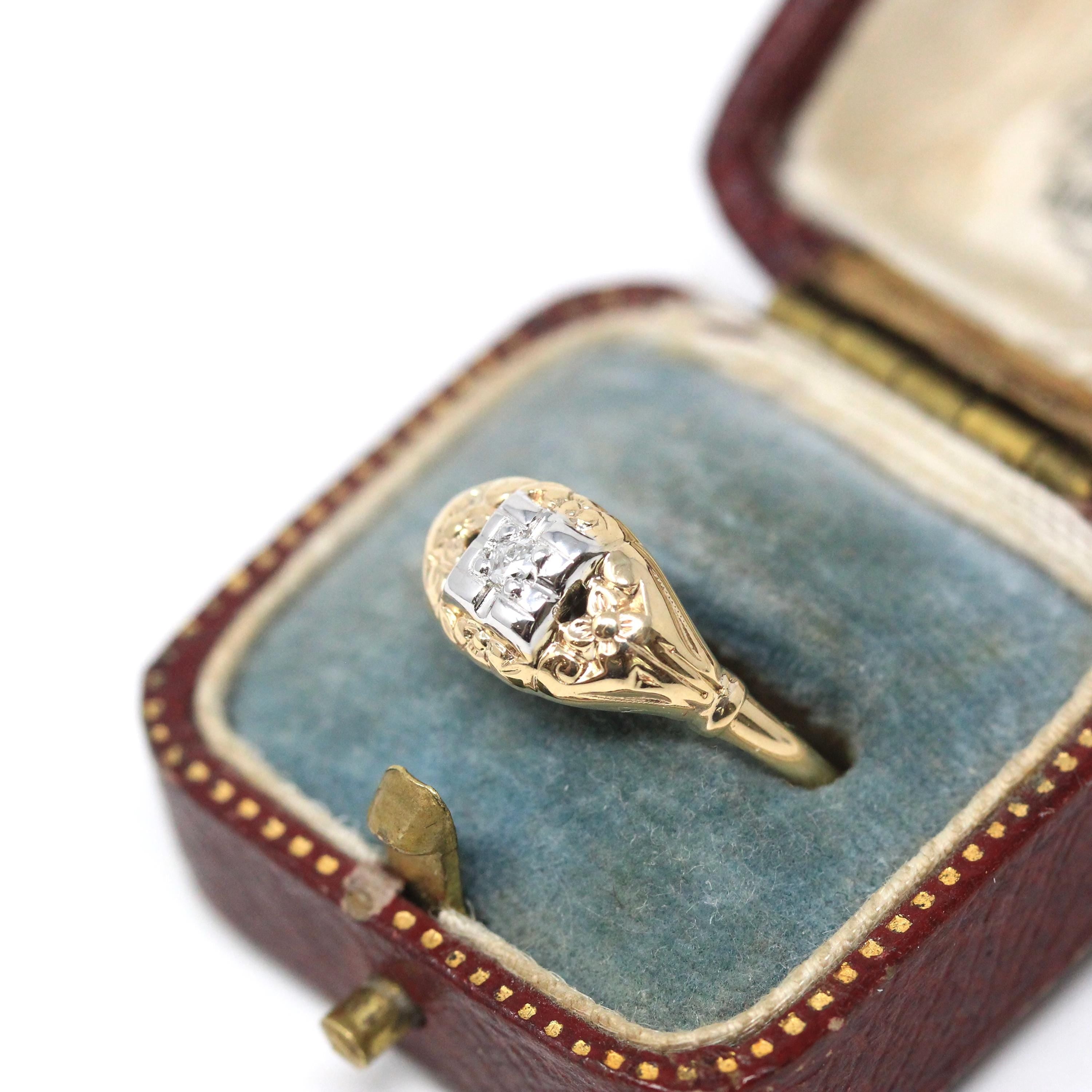 Vintage Diamond Ring - Mid Century 14k Yellow Gold Illusion Head .03 CT Setting - Circa 1940s Era Size 7 Fine Two Tone Engagement Jewelry