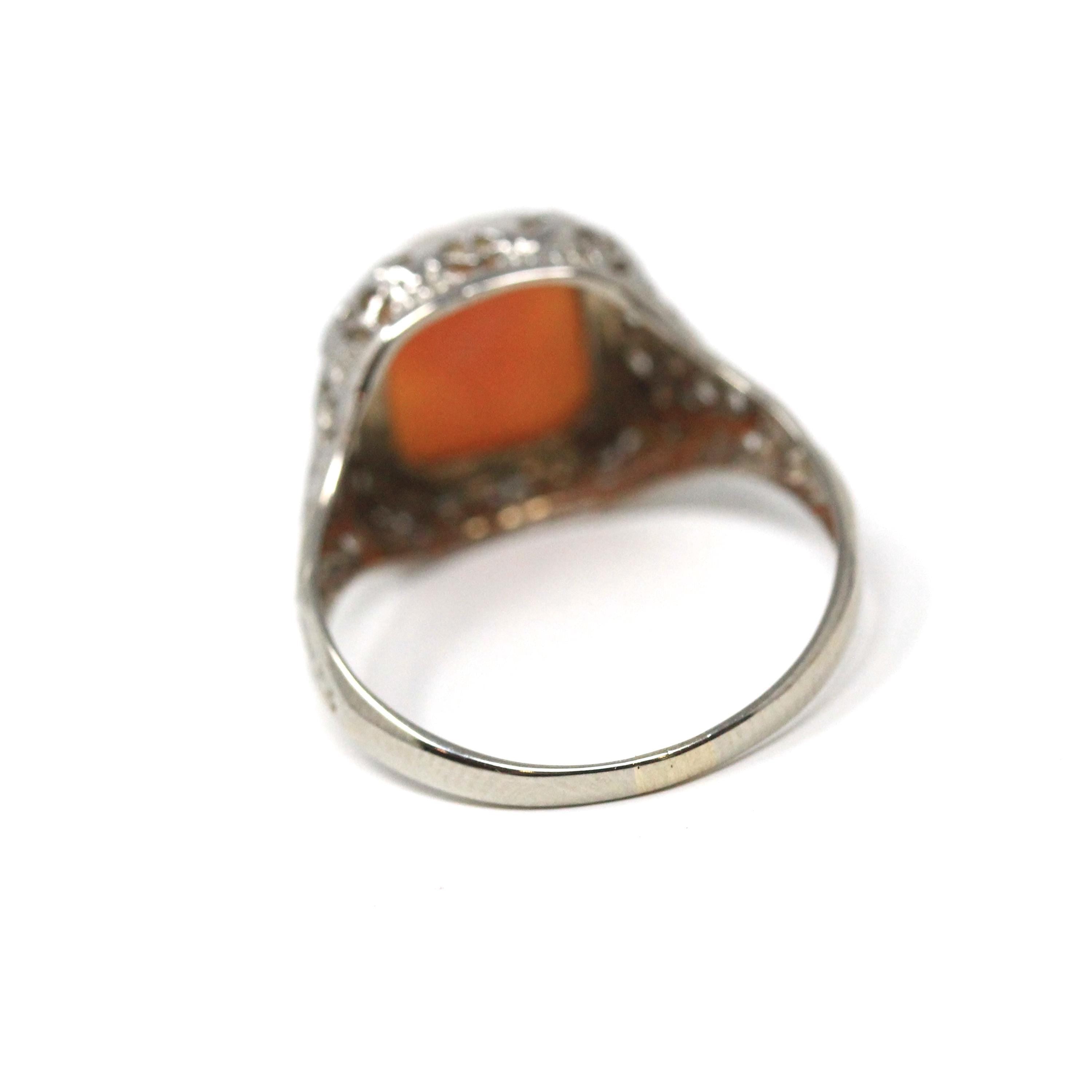 Vintage Cameo Ring - Art Deco Era 14k White Gold Statement Ring - Circa 1930s Size 6 1/4 Rectangular Carved Woman Pink Shell Fine Jewelry