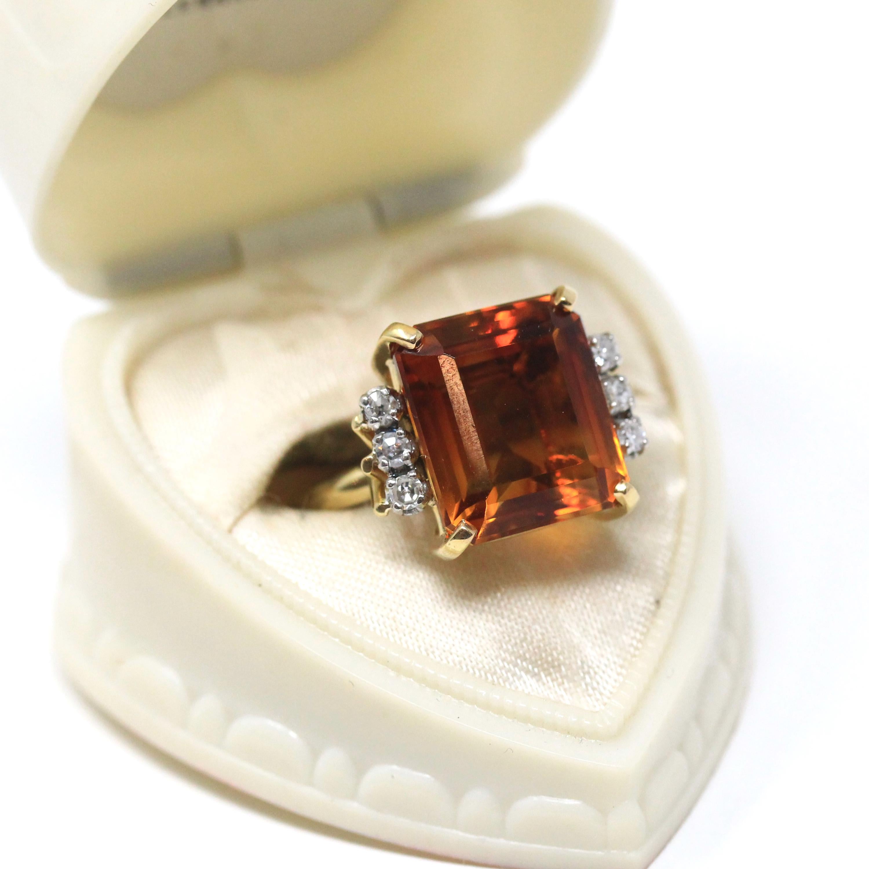 Citrine & Diamond Ring - Retro 18k Yellow Gold And Platinum Emerald Cut Orange Gem - Circa 1970s Era Size 6.5 Fine .18 CTW Statement Jewelry