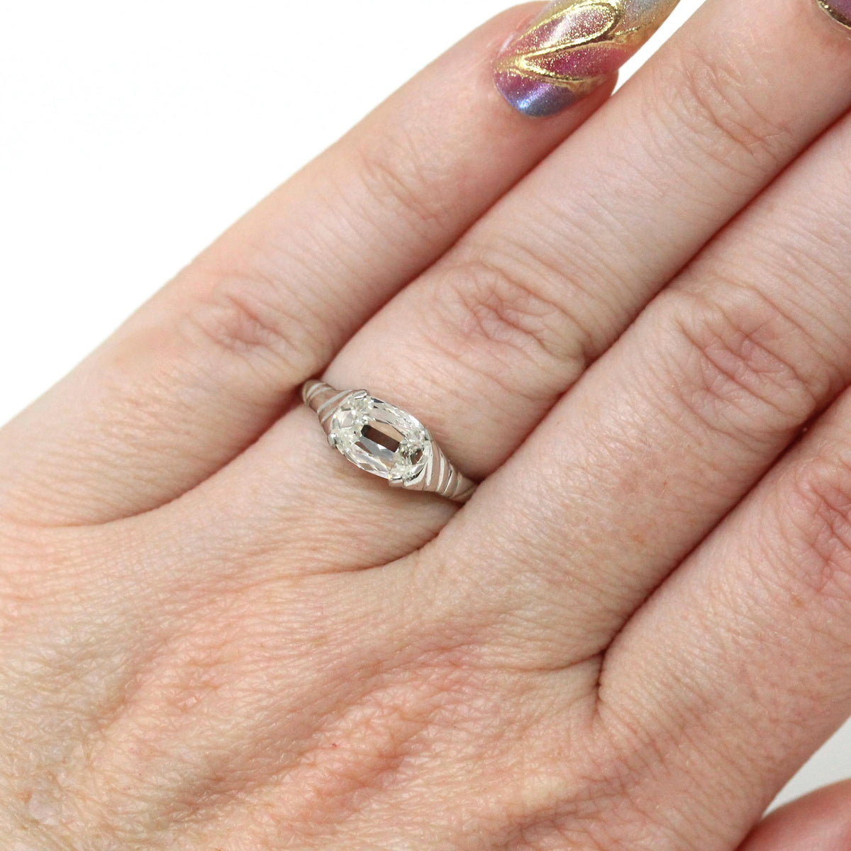 Antique 1.01 Carat Diamond Ring - Edwardian Platinum Oval East West Solitaire - Early 1900s Size 4 1/4 Fine GIA Report Engagement Jewelry