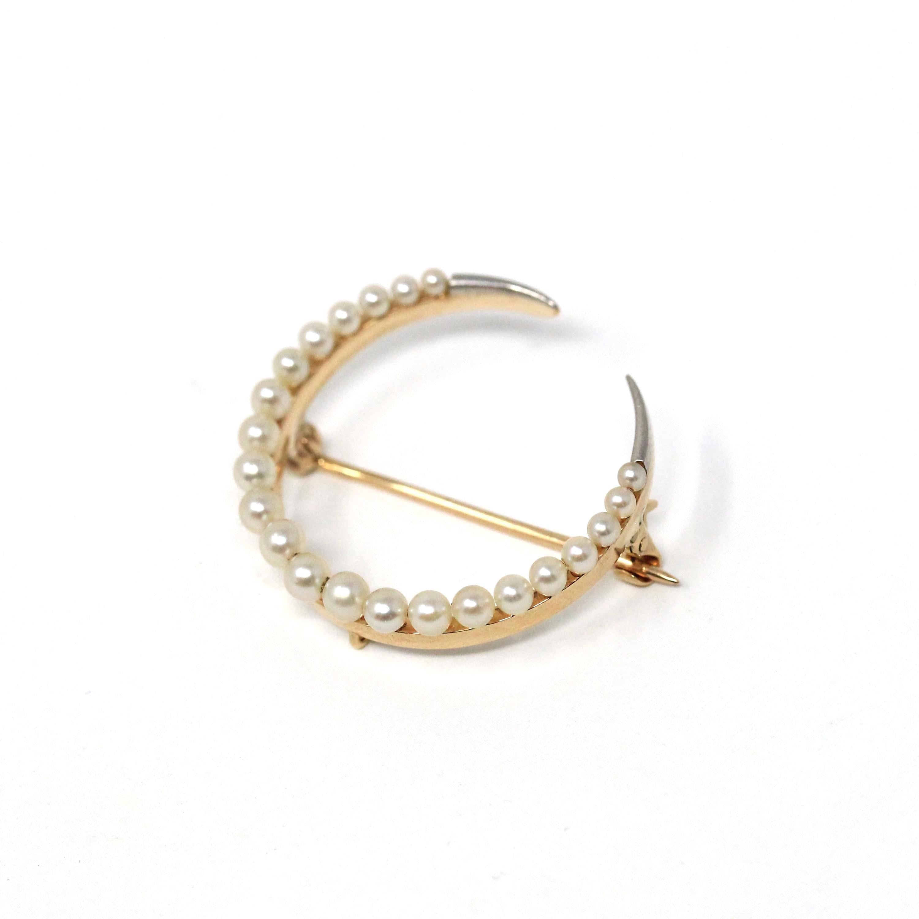 Antique Moon Brooch - Edwardian 14k Yellow Gold Natural Seed Pearl Gemstones - Vintage Circa 1910s Crescent Celestial Pin Fine Jewelry