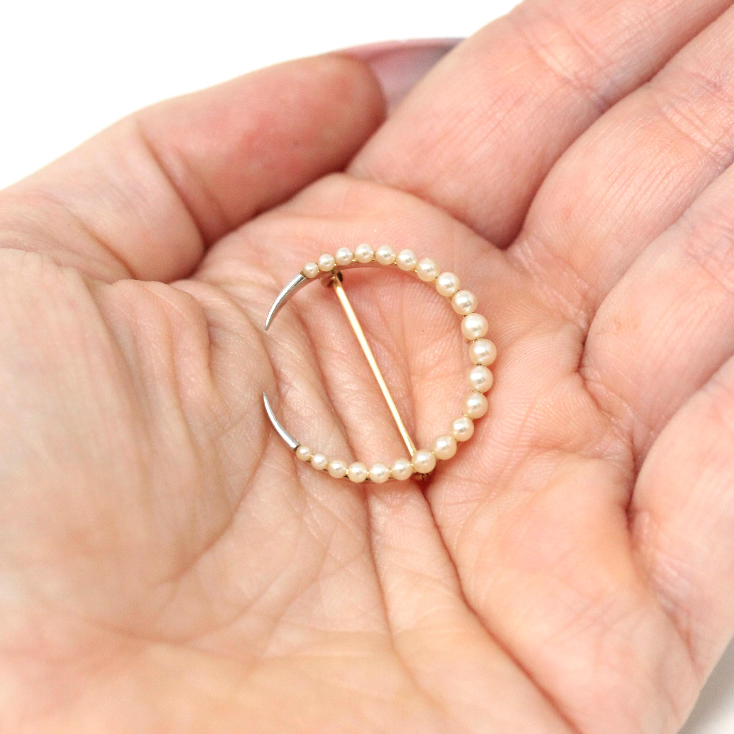 Antique Moon Brooch - Edwardian 14k Yellow Gold Natural Seed Pearl Gemstones - Vintage Circa 1910s Crescent Celestial Pin Fine Jewelry