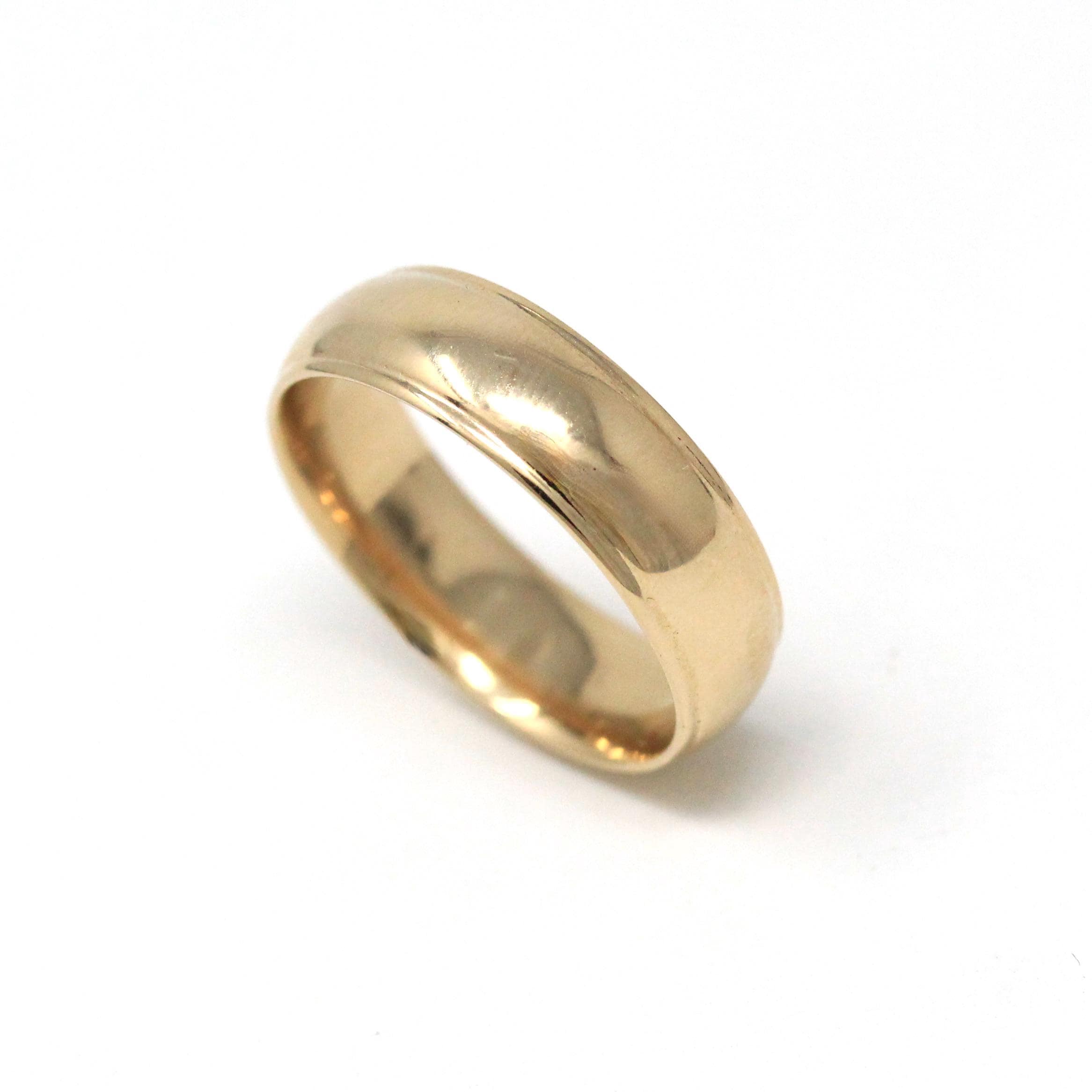 Vintage Wedding Band - Retro 14k Yellow Gold 5.5 MM Plain Comfort Fit Ring - Circa 1960s Era Size 6 Unisex Traub Fine Bridal Jewelry