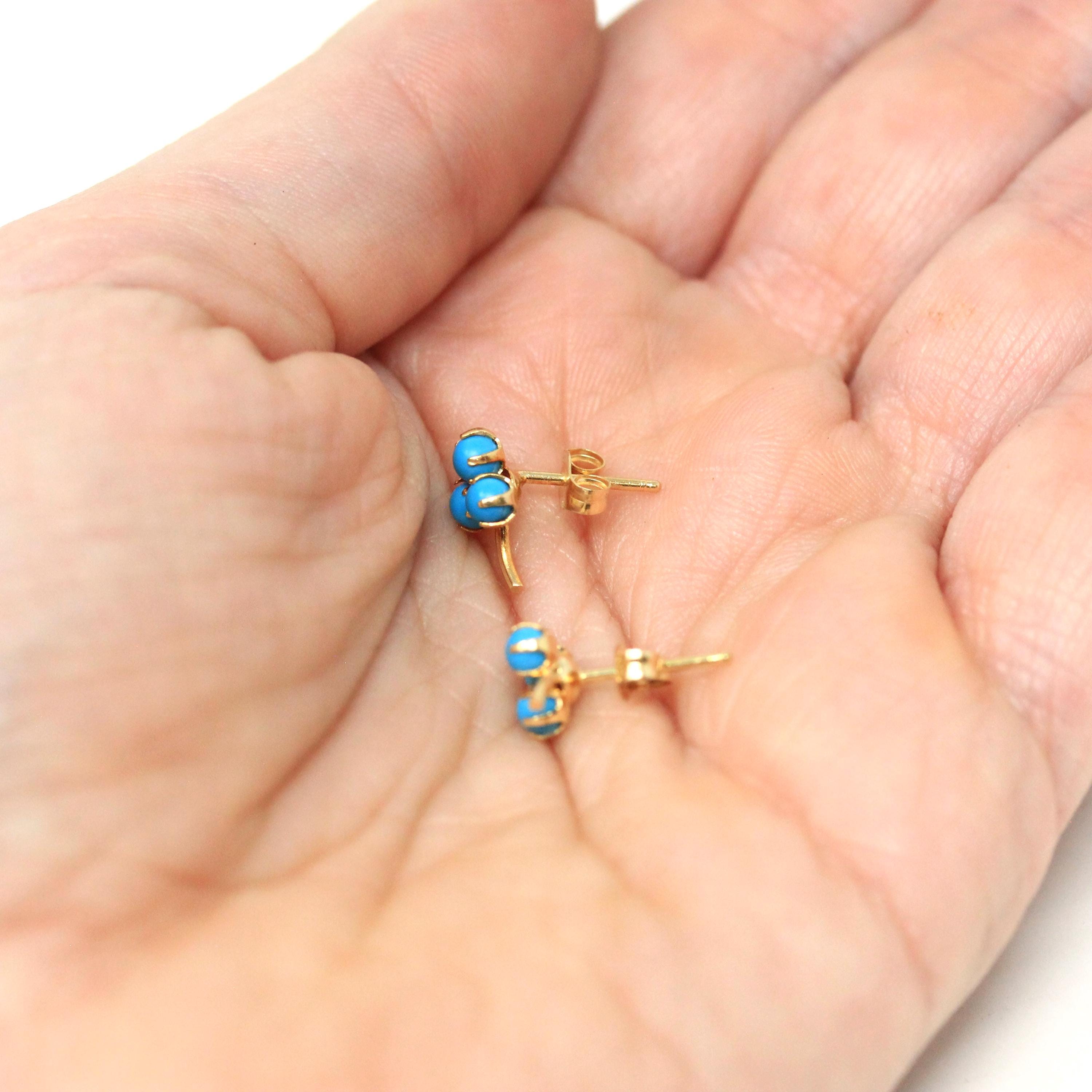 Modern Shamrock Earrings - Estate 14k Yellow Gold Dainty Push Backs Pair - Circa 2000's Era Three Leaf Clover Created Turquoise Fine Jewelry