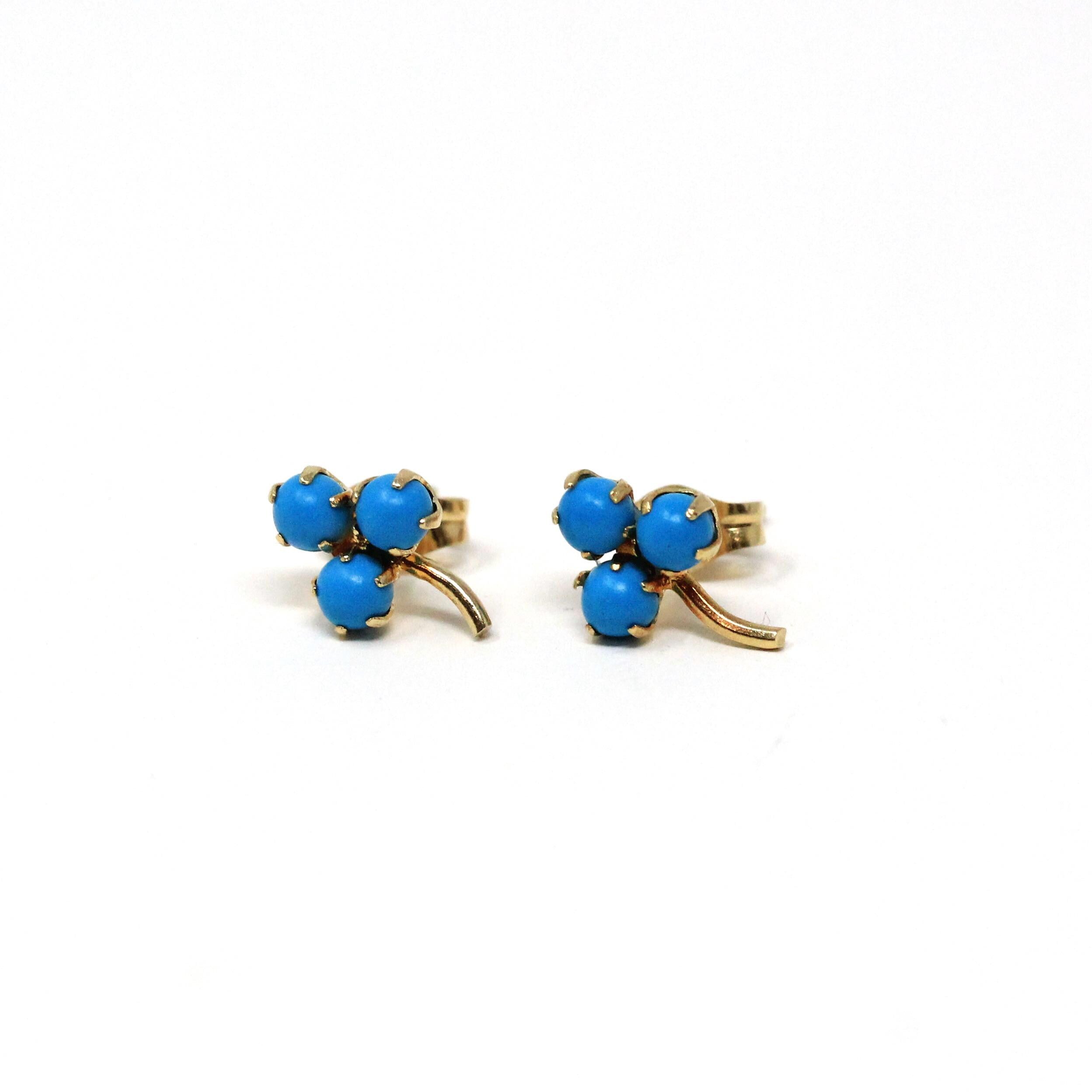 Modern Shamrock Earrings - Estate 14k Yellow Gold Dainty Push Backs Pair - Circa 2000's Era Three Leaf Clover Created Turquoise Fine Jewelry