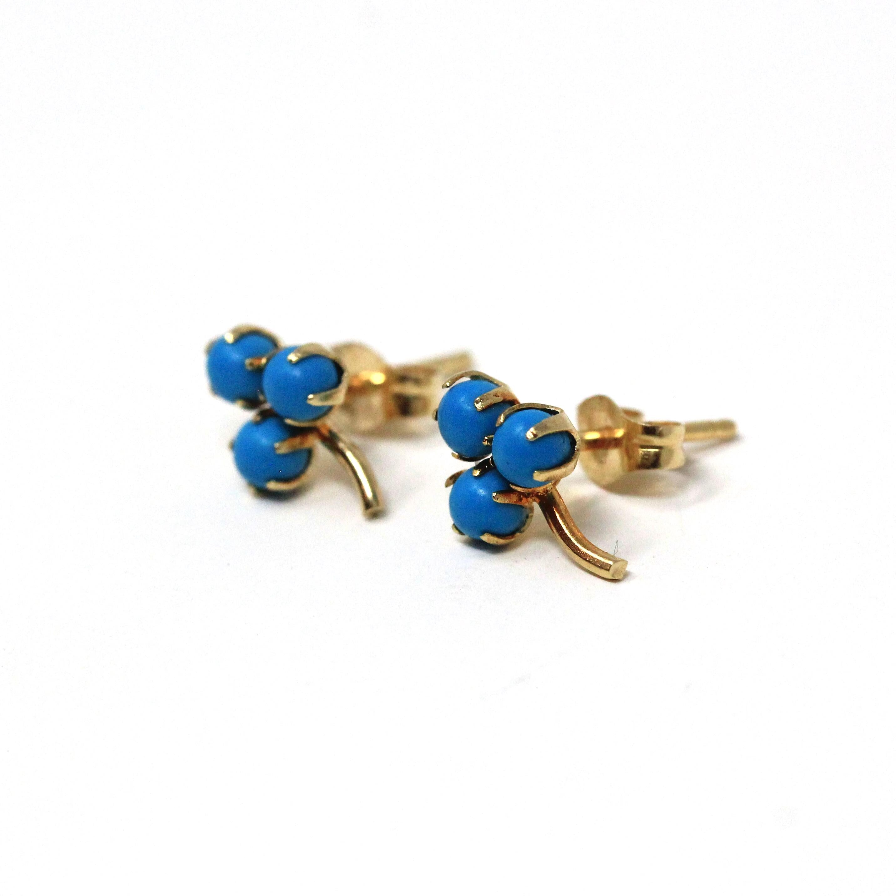 Modern Shamrock Earrings - Estate 14k Yellow Gold Dainty Push Backs Pair - Circa 2000's Era Three Leaf Clover Created Turquoise Fine Jewelry