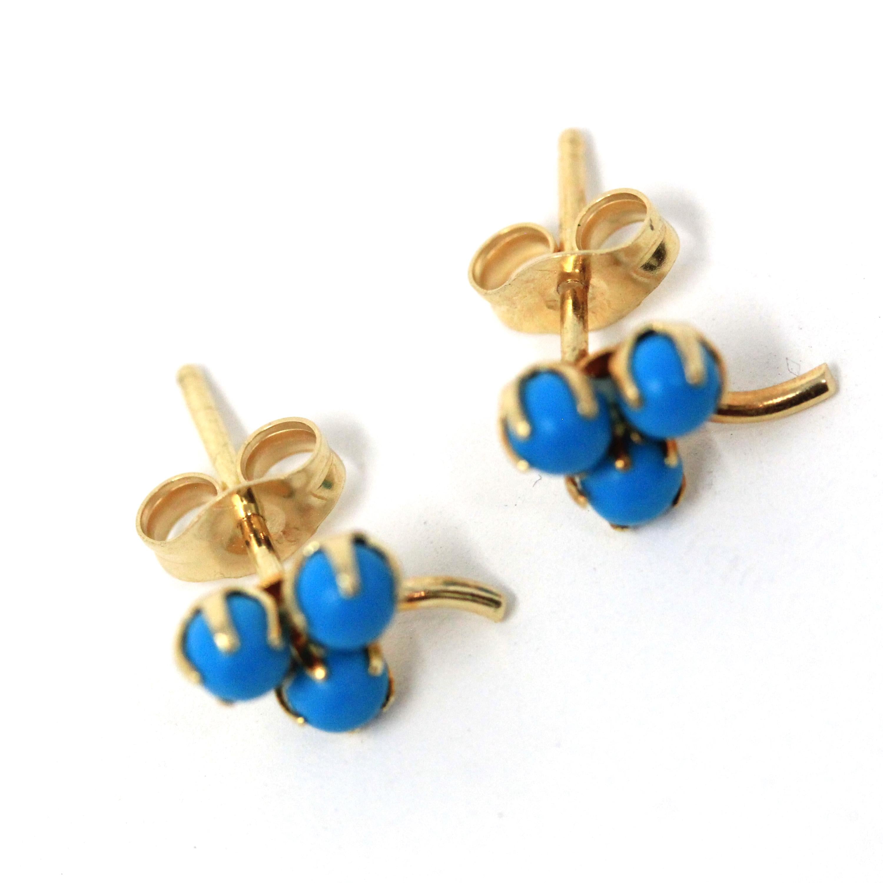Modern Shamrock Earrings - Estate 14k Yellow Gold Dainty Push Backs Pair - Circa 2000's Era Three Leaf Clover Created Turquoise Fine Jewelry