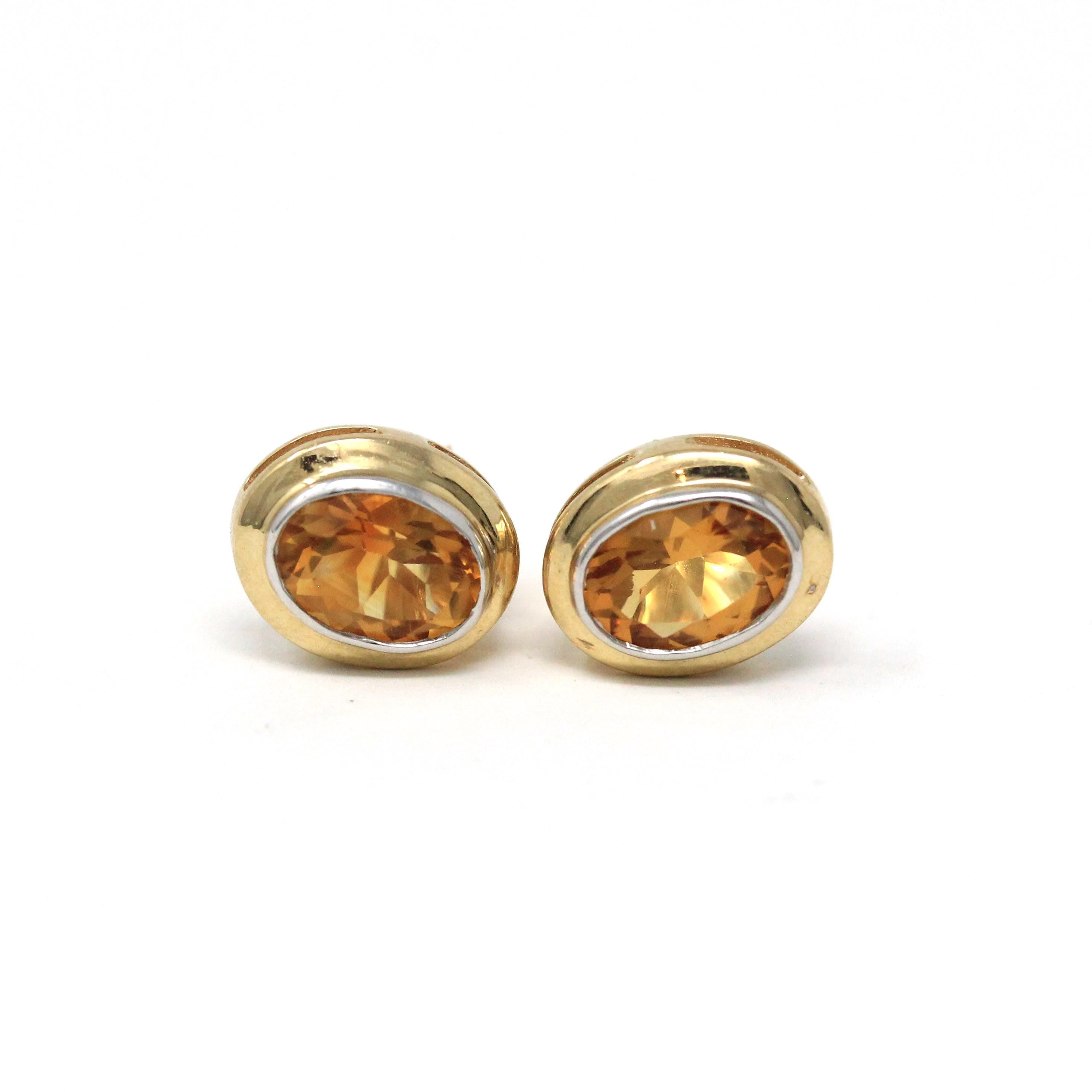 Modern Citrine Earrings - Estate 10k Yellow Gold Natural Oval Orange Gemstone Bezel Post Studs - Modern 2000s Era Pierced Push Back Jewelry
