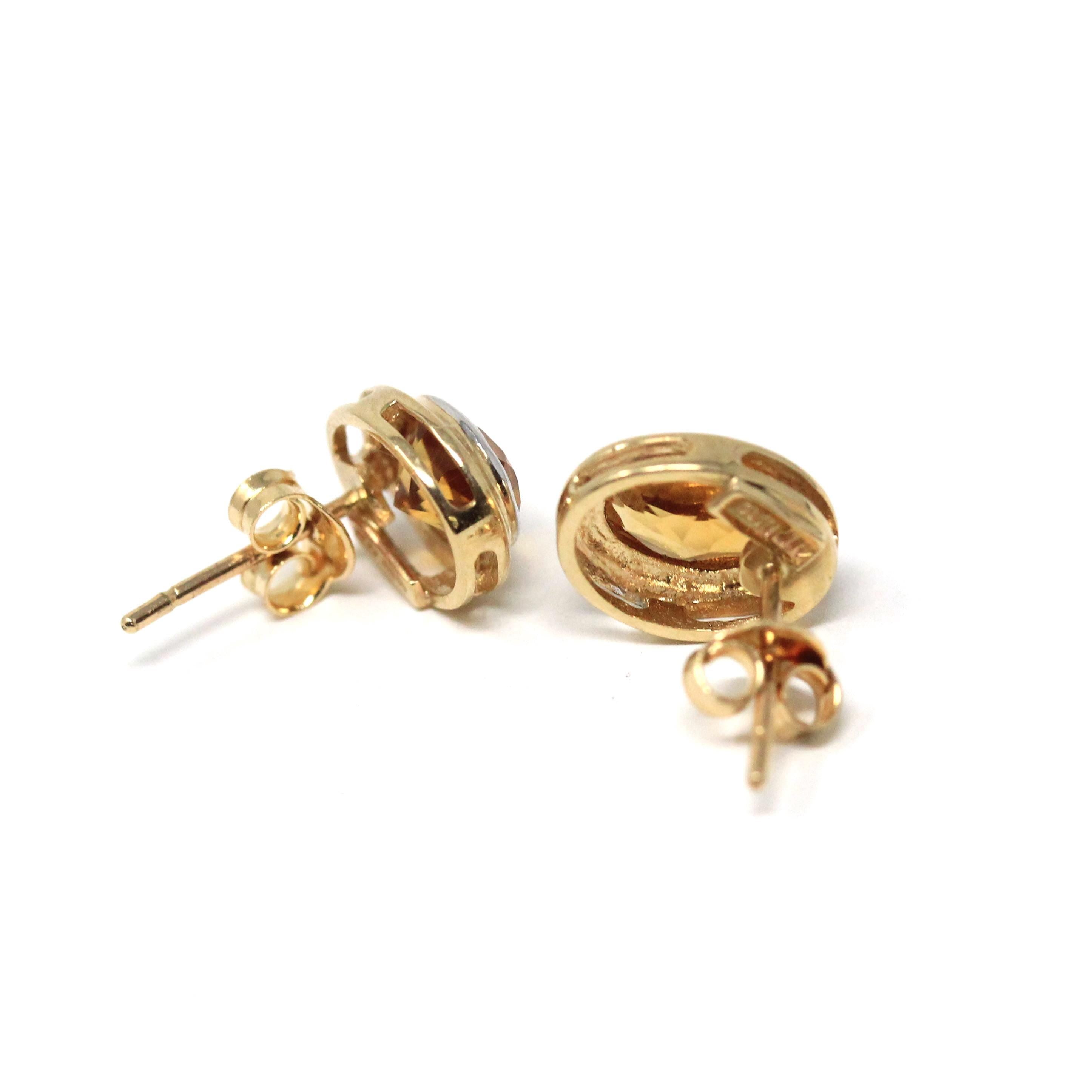 Modern Citrine Earrings - Estate 10k Yellow Gold Natural Oval Orange Gemstone Bezel Post Studs - Modern 2000s Era Pierced Push Back Jewelry
