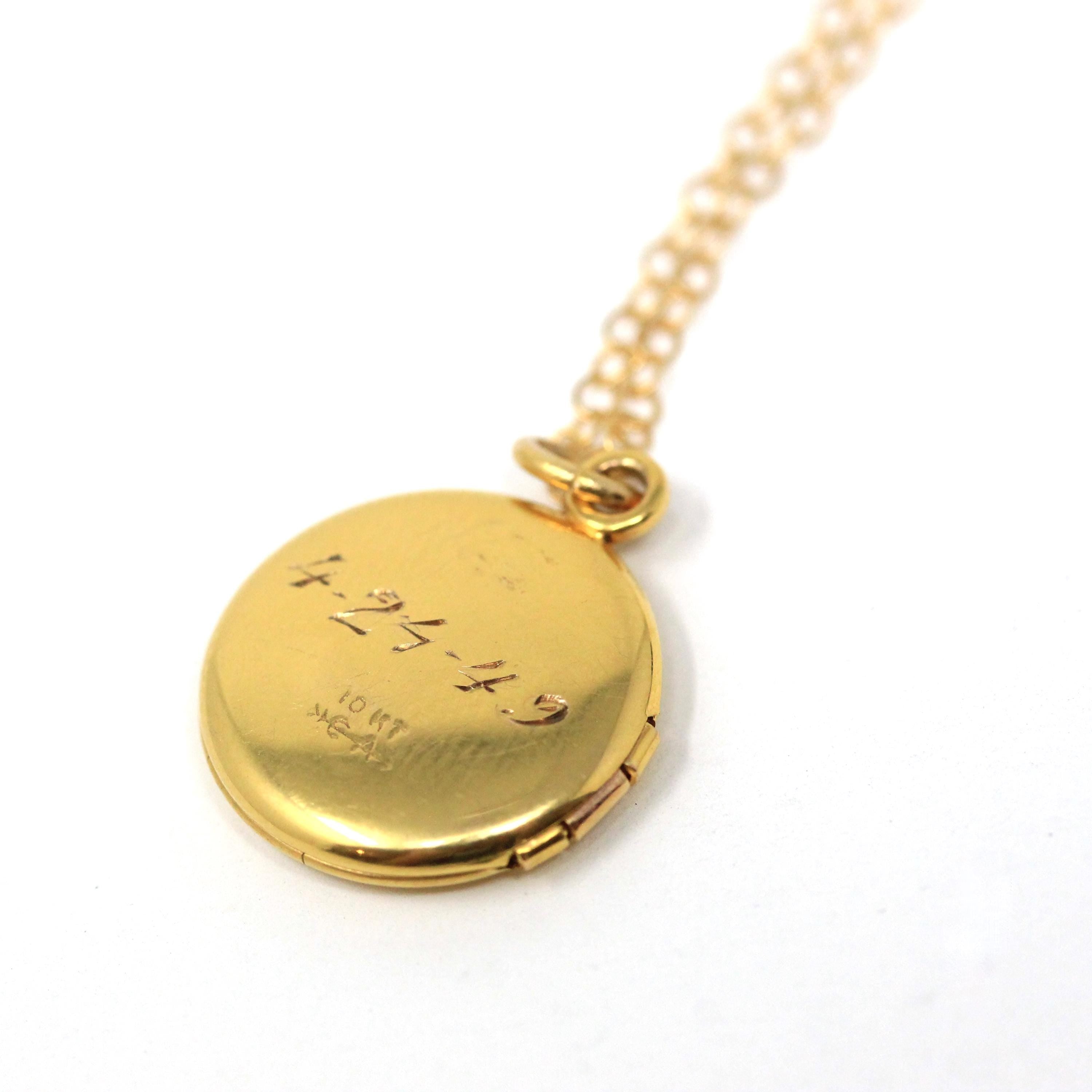 Vintage "Sue" Locket - Mid Century Era 10k Yellow Rose Gold Round Floral Pendant Charm Necklace - Dated 1949 Engraved Keepsake Fine Jewelry