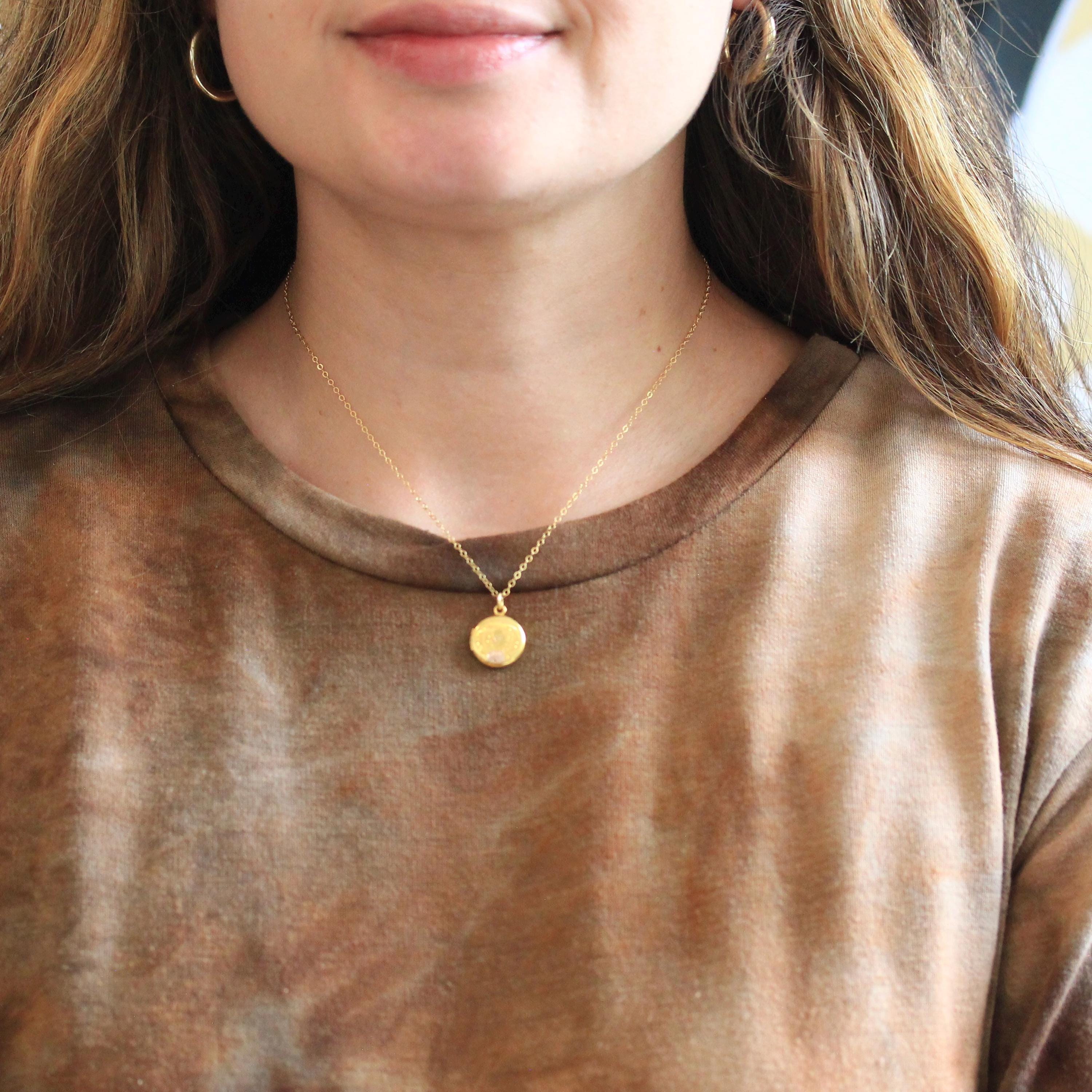 Vintage "Sue" Locket - Mid Century Era 10k Yellow Rose Gold Round Floral Pendant Charm Necklace - Dated 1949 Engraved Keepsake Fine Jewelry