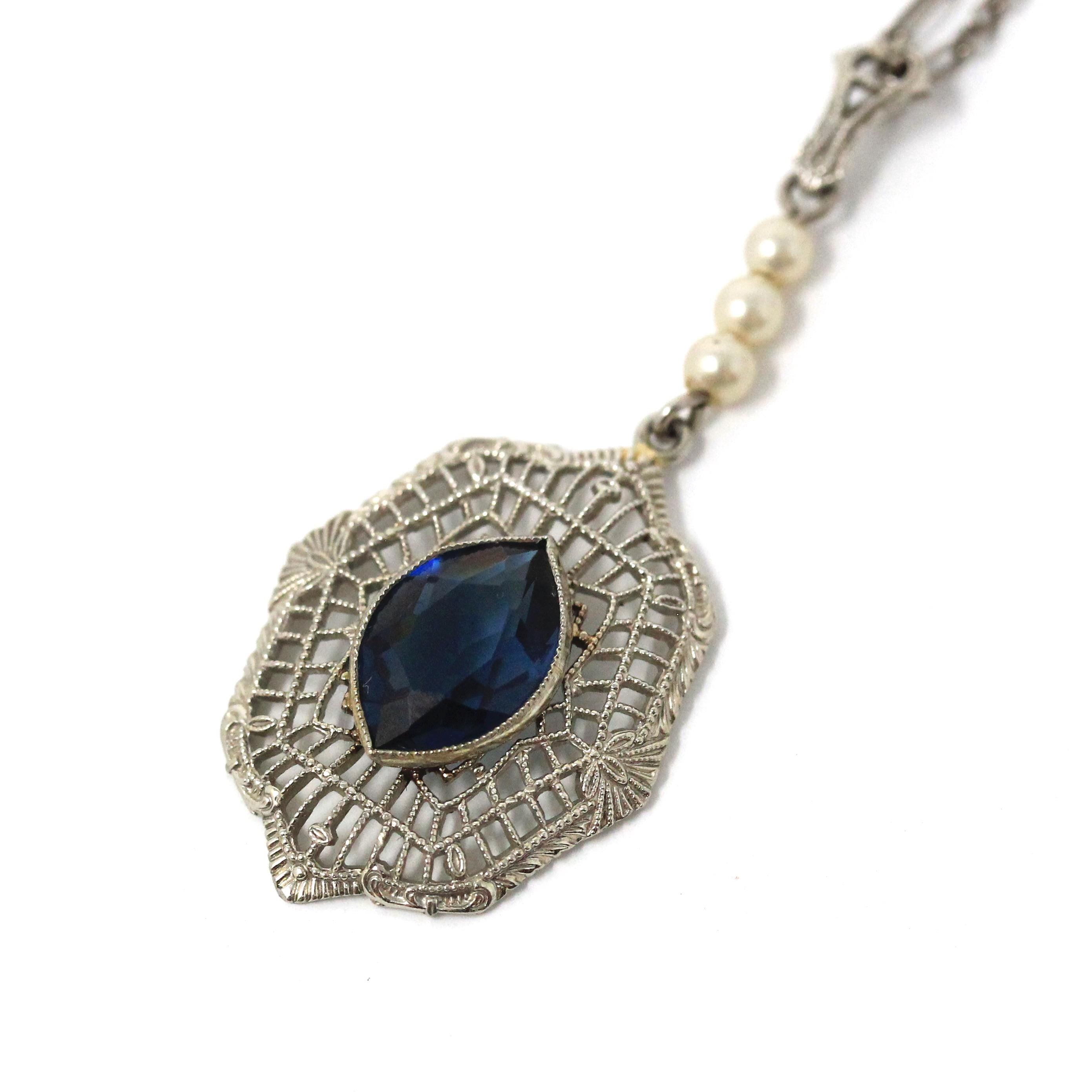 Art Deco Necklace - Antique 10k White Gold Filigree Simulated Sapphire Blue Glass Cultured Pearls Pendant - Vintage 1930s Era Fine Jewelry