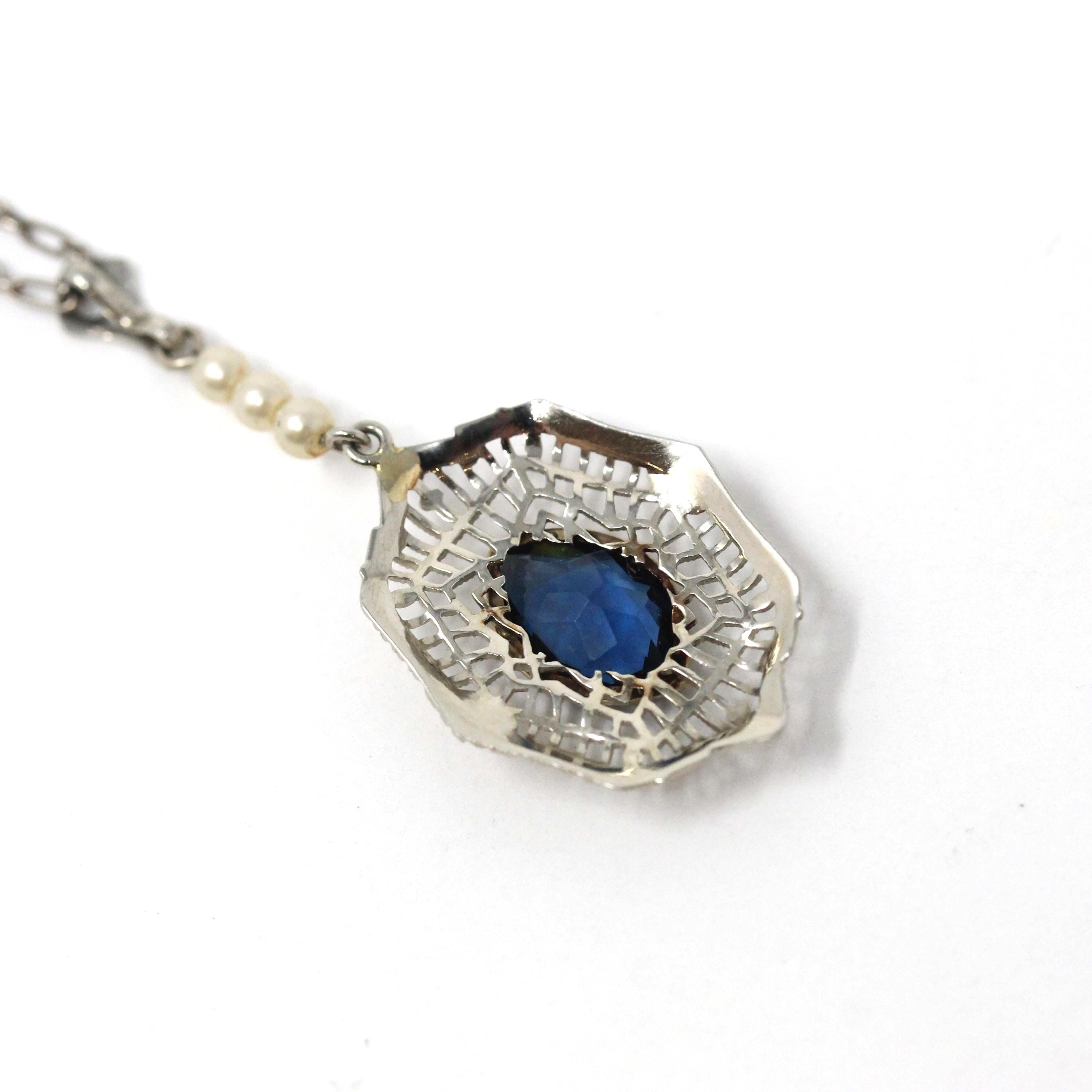 Art Deco Necklace - Antique 10k White Gold Filigree Simulated Sapphire Blue Glass Cultured Pearls Pendant - Vintage 1930s Era Fine Jewelry