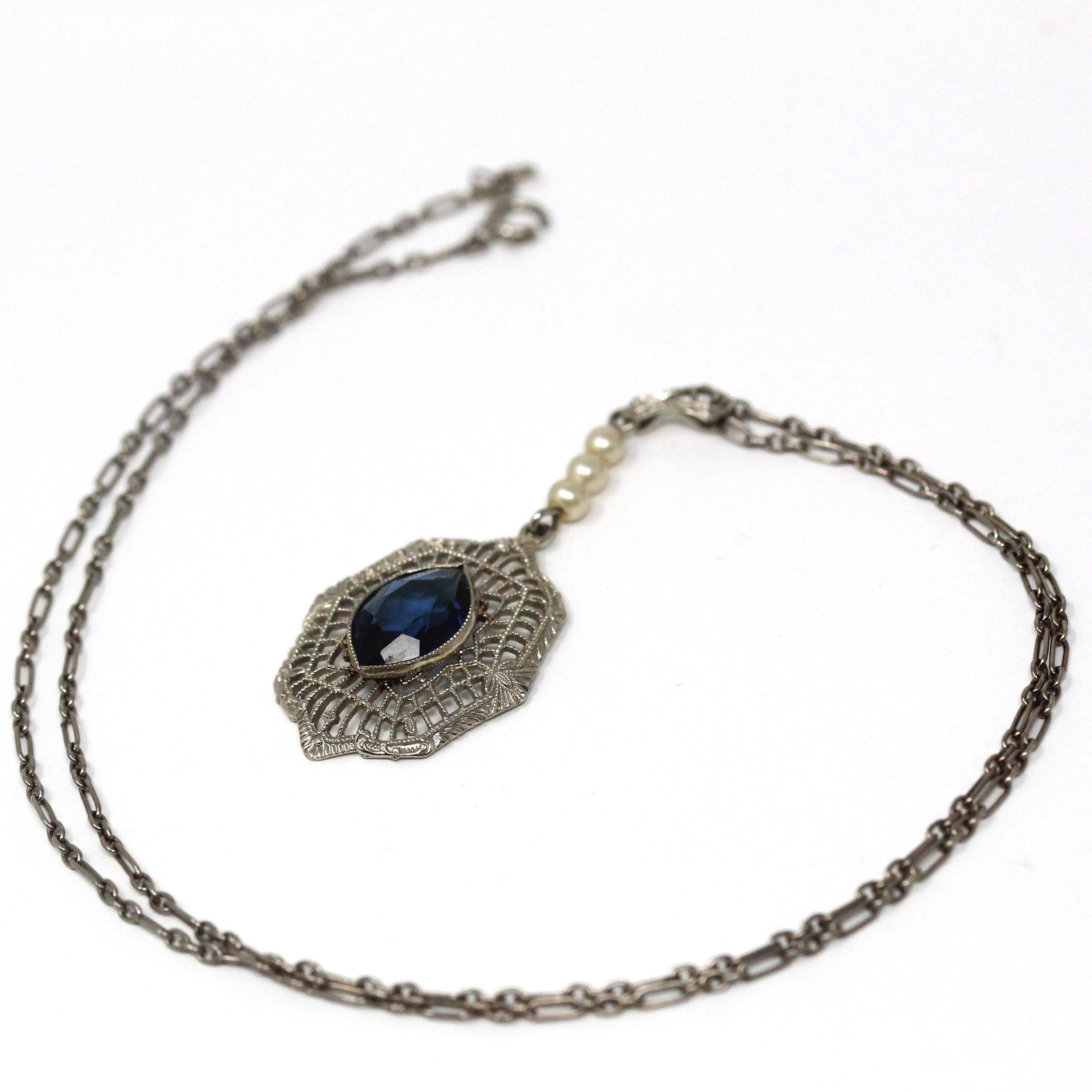 Art Deco Necklace - Antique 10k White Gold Filigree Simulated Sapphire Blue Glass Cultured Pearls Pendant - Vintage 1930s Era Fine Jewelry