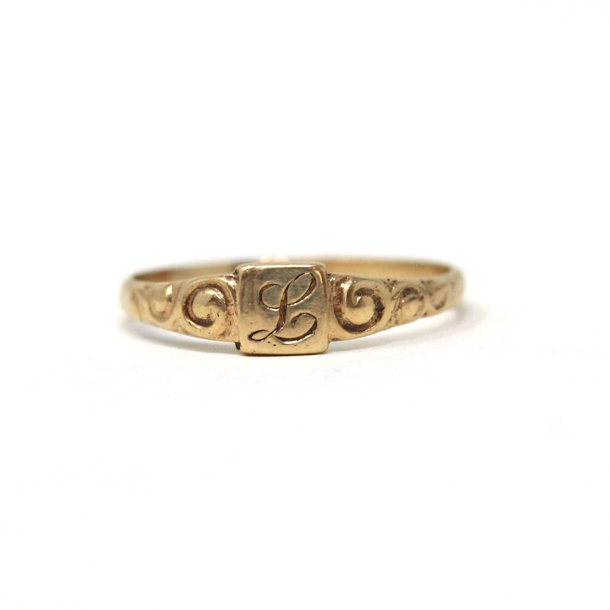 Antique "L" Midi Ring - Edwardian 10k Yellow Gold Engraved Letter Initial Signet Pinky Baby Band - Vintage 1910s Era Dainty Fine Jewelry