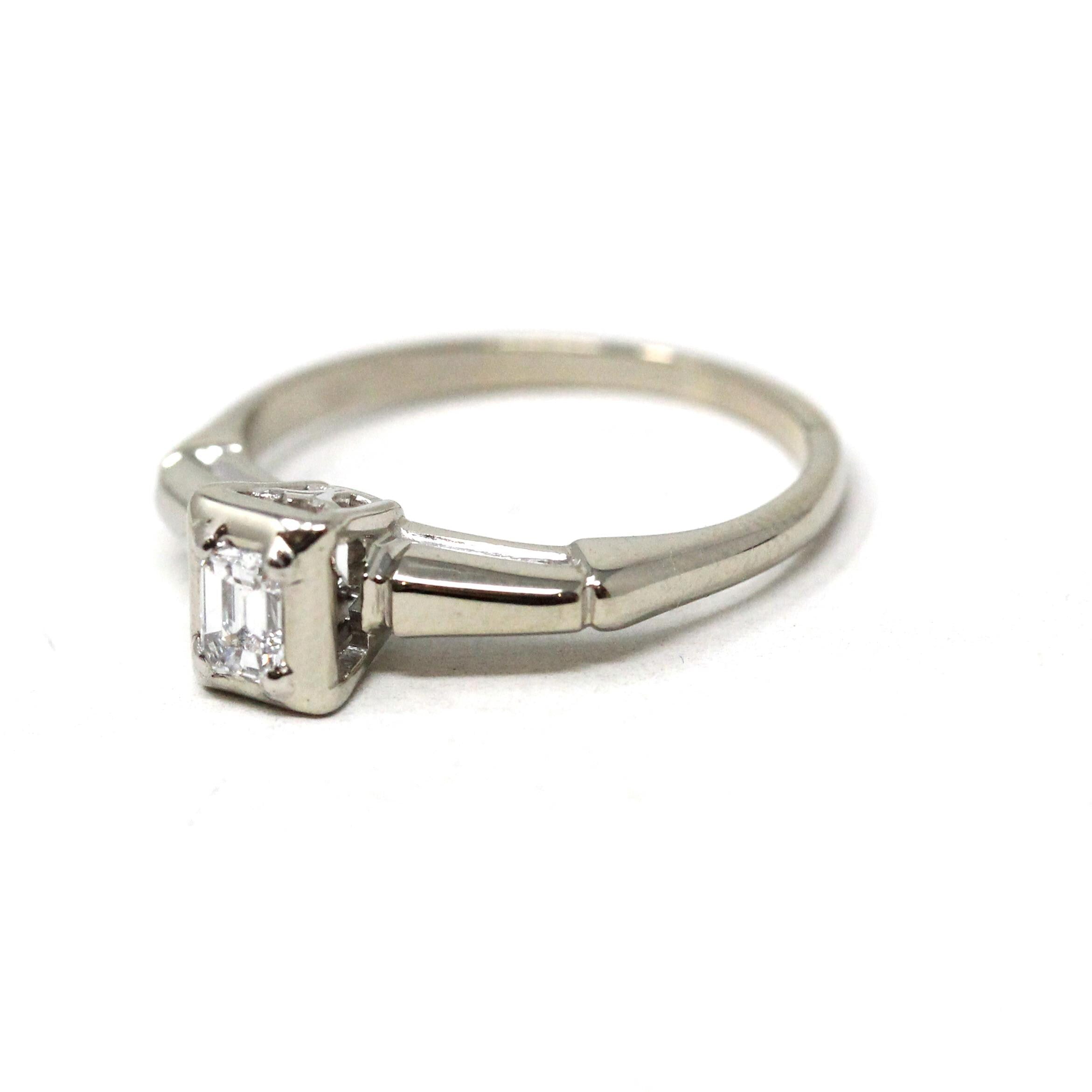 Vintage Diamond Ring - Mid Century 18k White Gold Engagement Natural Emerald Cut Gemstone Solitaire - Circa 1950s Size 4 1/2 Fine Jewelry