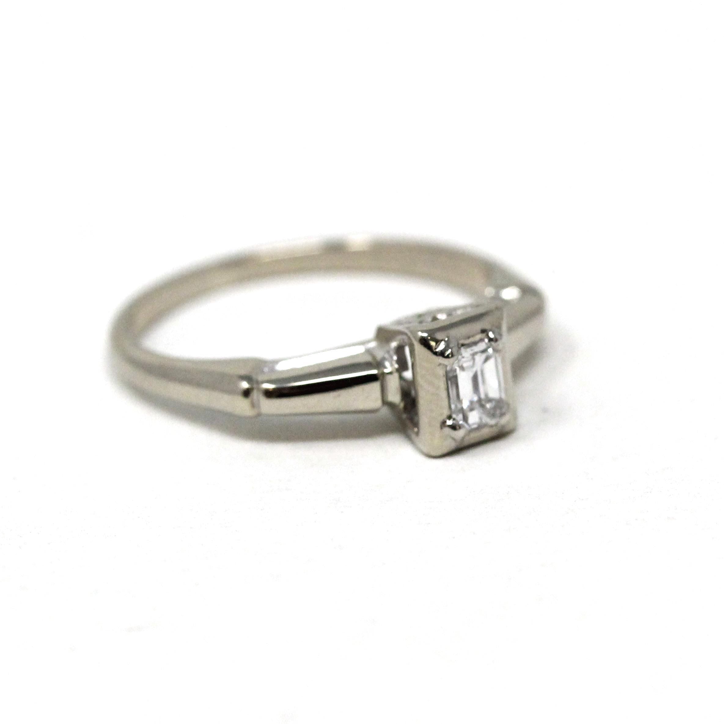 Vintage Diamond Ring - Mid Century 18k White Gold Engagement Natural Emerald Cut Gemstone Solitaire - Circa 1950s Size 4 1/2 Fine Jewelry