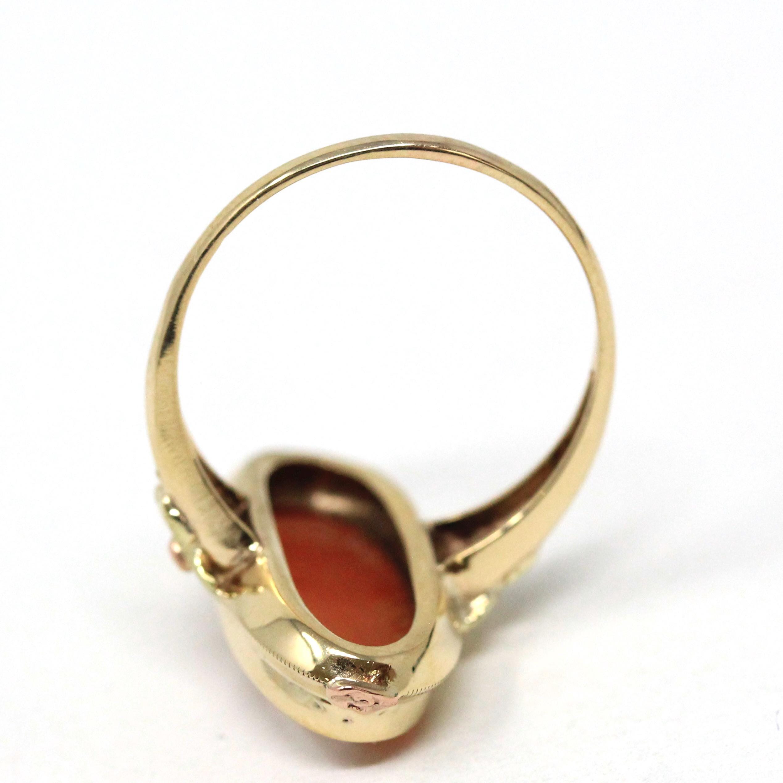 Vintage Cameo Ring - Mid Century 10k Yellow Gold Carved Oval Orange Shell Woman's Profile - Circa 1940s Era Size 6 3/4 Fine Fashion Jewelry
