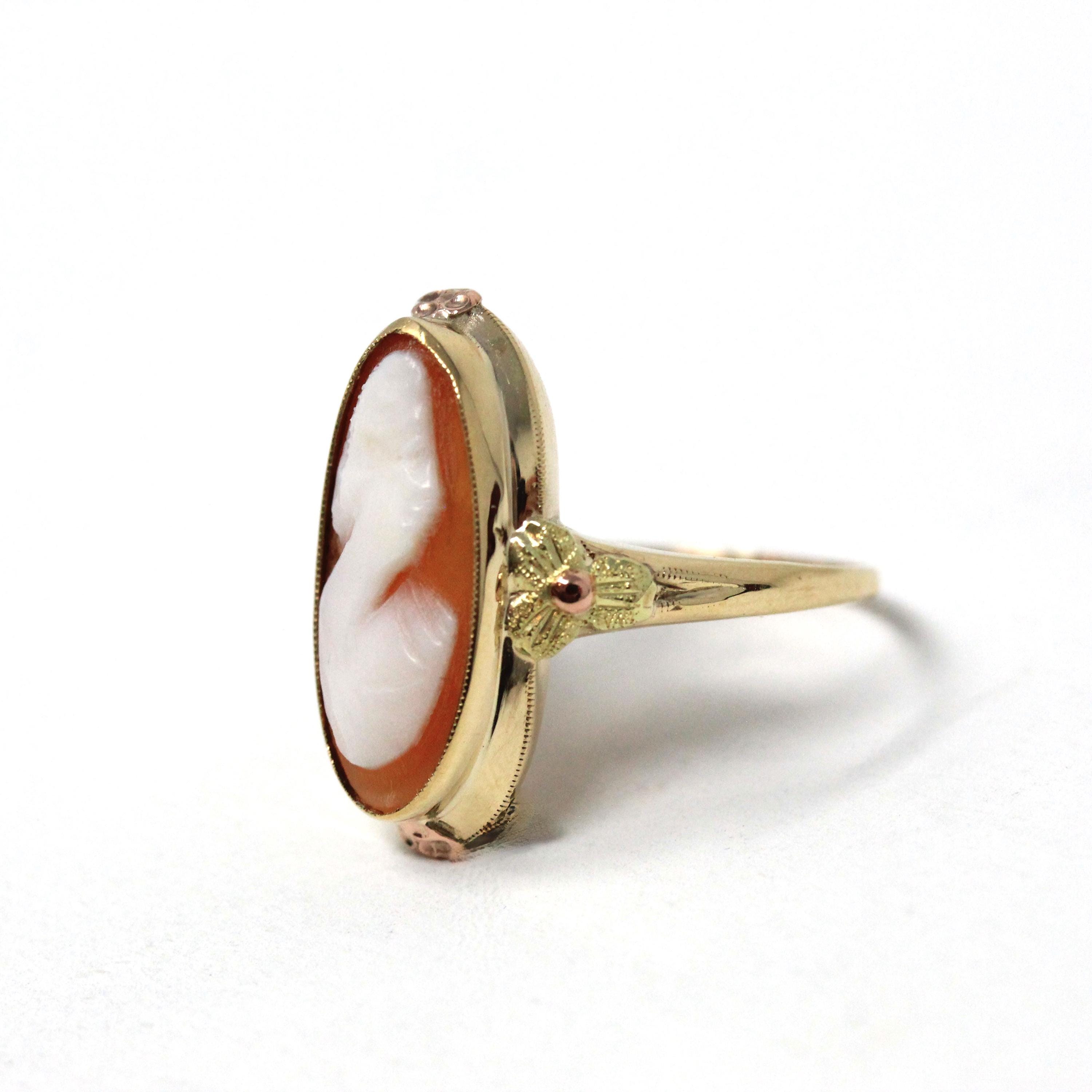 Vintage Cameo Ring - Mid Century 10k Yellow Gold Carved Oval Orange Shell Woman's Profile - Circa 1940s Era Size 6 3/4 Fine Fashion Jewelry