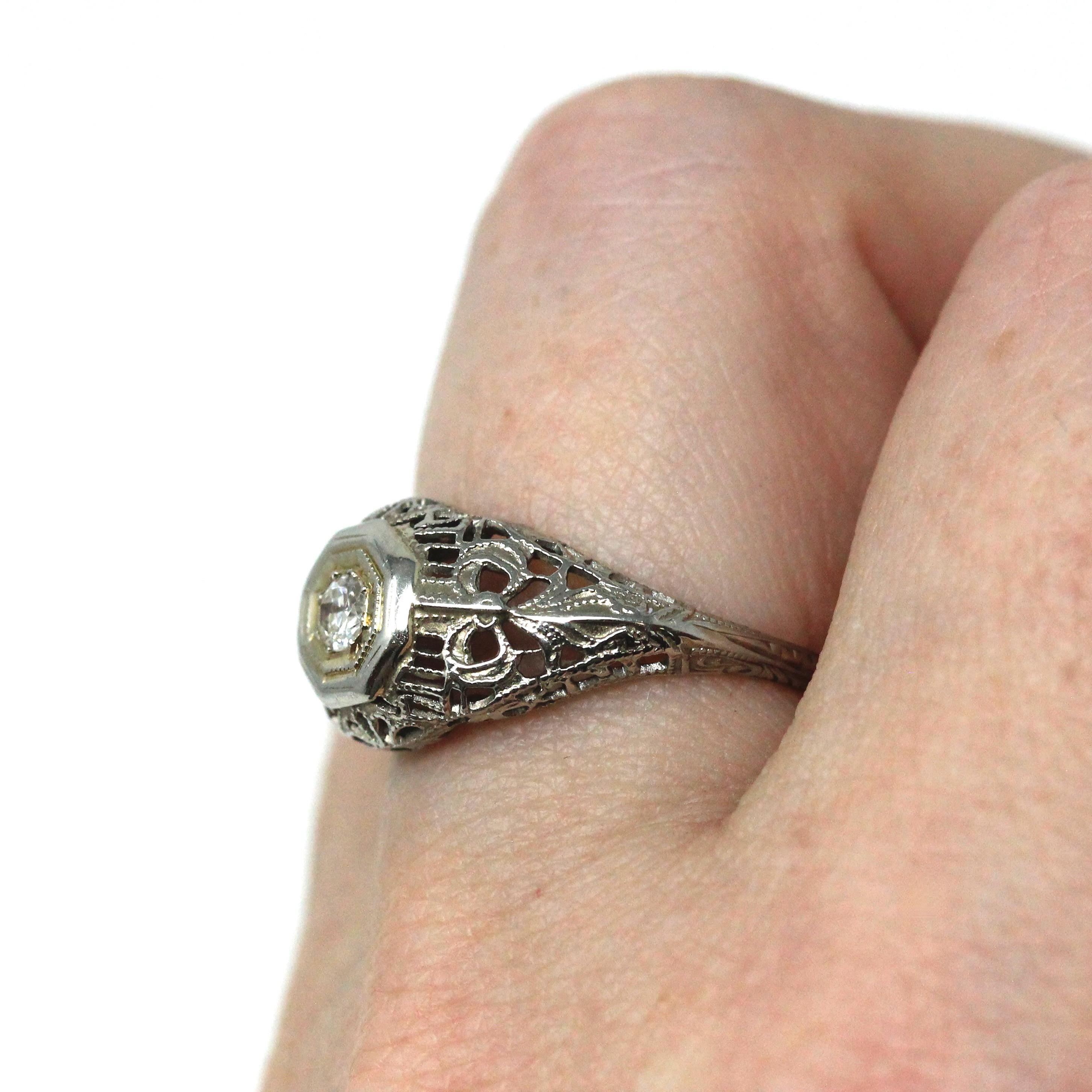 Vintage Diamond Ring - Art Deco 18k White Gold Natural Solitaire Engagement - Circa 1930s Era Size 5 3/4 Bow Flower Filigree Fine Jewelry