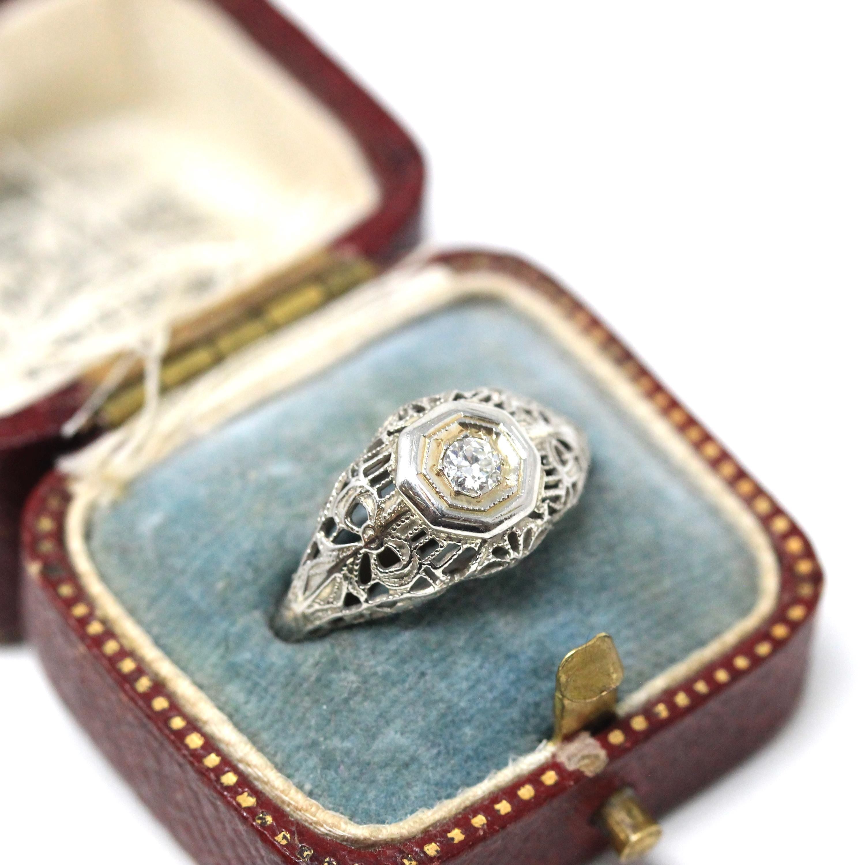 Vintage Diamond Ring - Art Deco 18k White Gold Natural Solitaire Engagement - Circa 1930s Era Size 5 3/4 Bow Flower Filigree Fine Jewelry