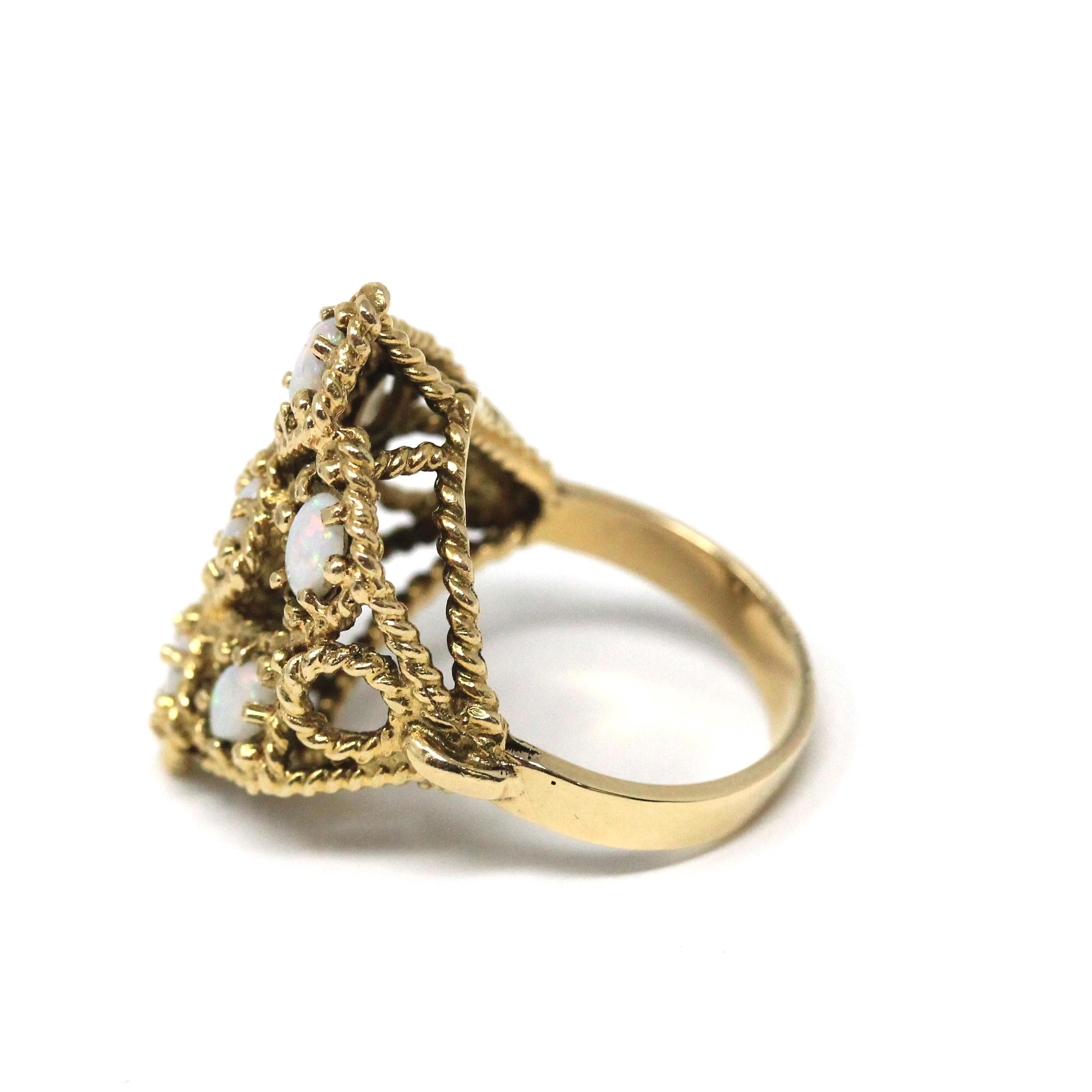 Retro Opal Cluster Ring - Vintage 14k Yellow Gold Natural Cabochon Cut Gemstones - Circa 1970s Size 6.5 Twisted Rope Fine Statement Jewelry