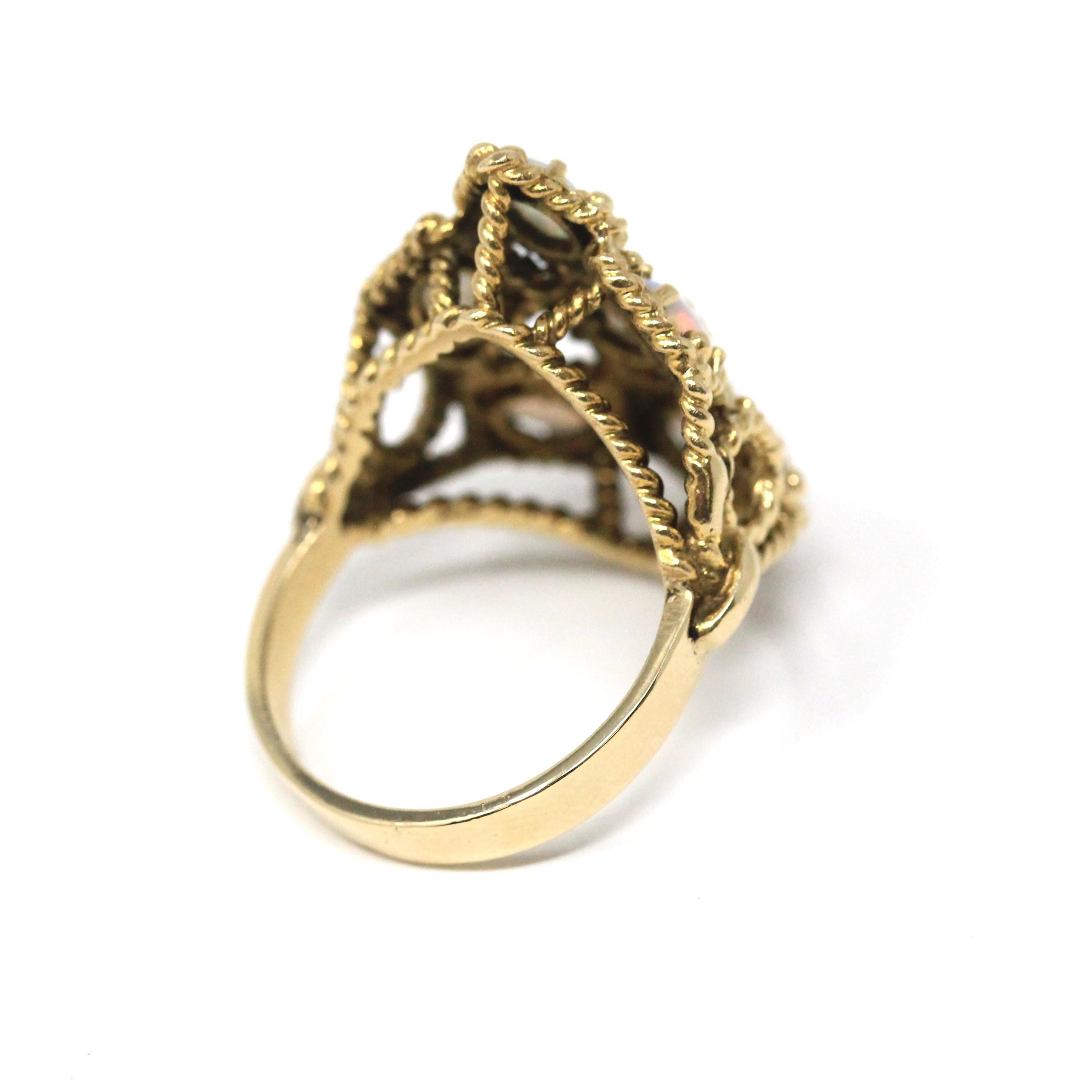 Retro Opal Cluster Ring - Vintage 14k Yellow Gold Natural Cabochon Cut Gemstones - Circa 1970s Size 6.5 Twisted Rope Fine Statement Jewelry
