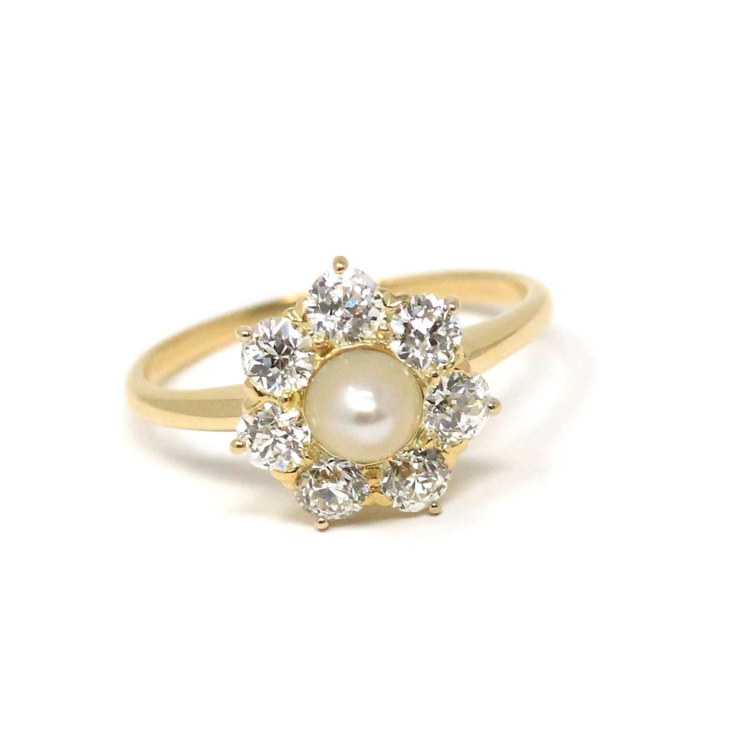 Vintage Pearl & Diamond Halo Ring - Edwardian 18k Yellow Gold Cluster Engagement - Antique Circa 1910s Size 6 June Birthstone Fine Jewelry