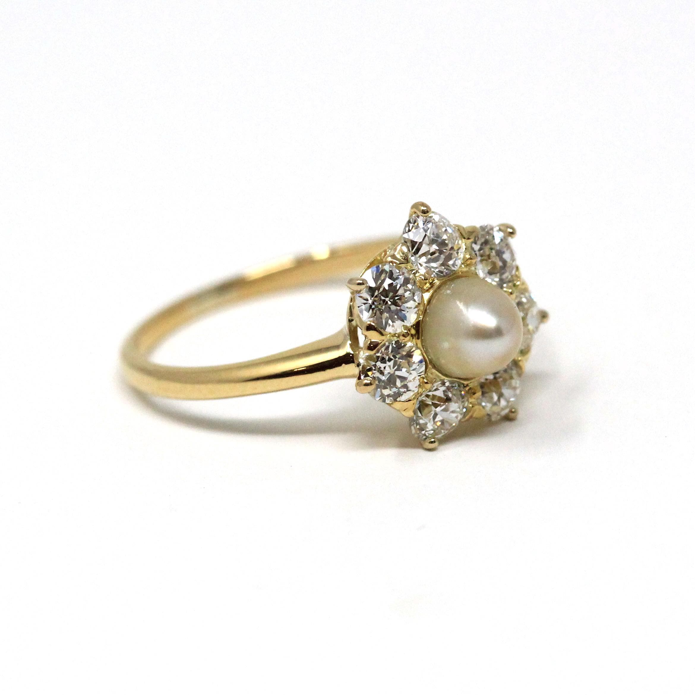 Vintage Pearl & Diamond Halo Ring - Edwardian 18k Yellow Gold Cluster Engagement - Antique Circa 1910s Size 6 June Birthstone Fine Jewelry