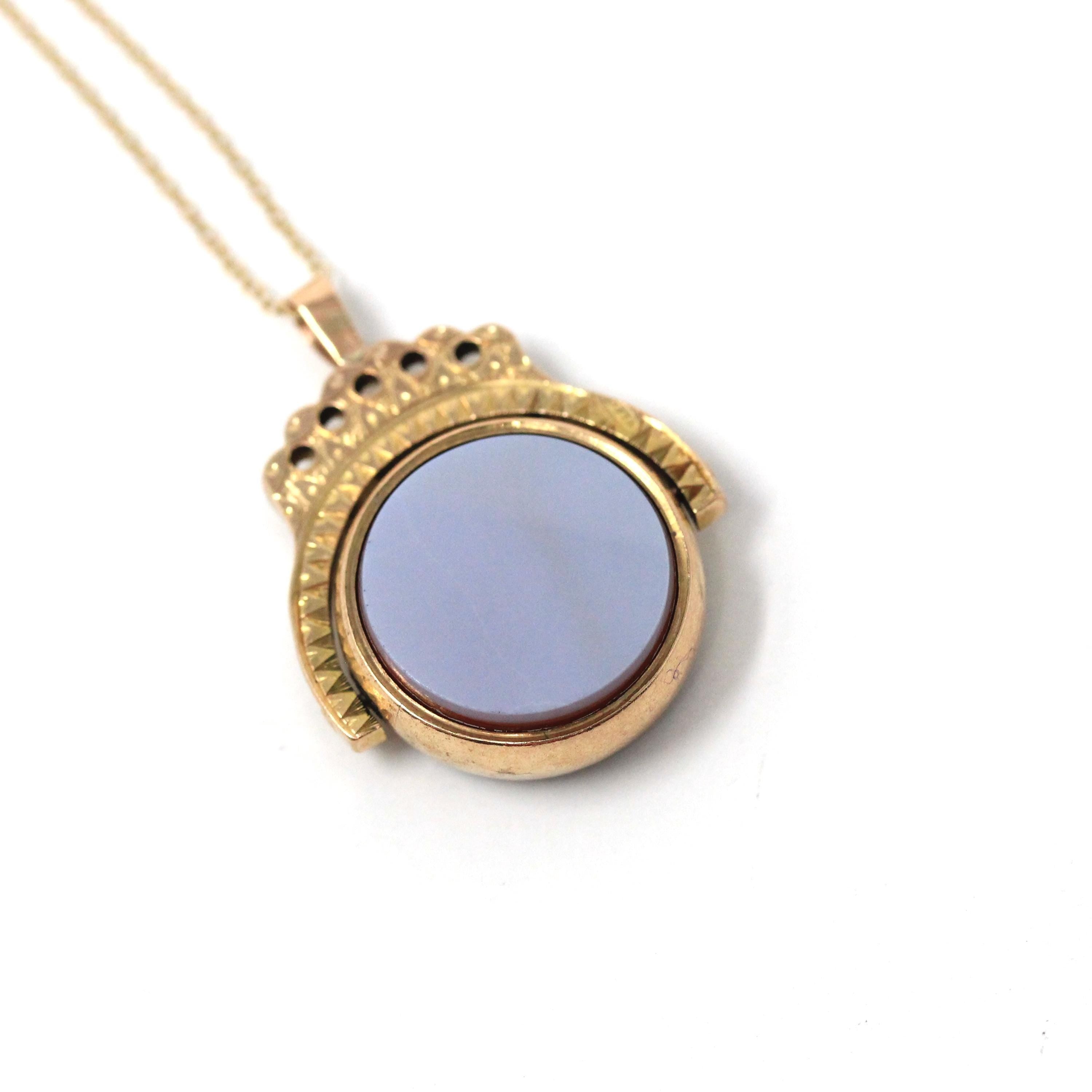 Antique Spinner Pendant - Edwardian 9K Yellow Gold Natural Bloodstone Sardonyx Flip Charm Necklace - Hallamrked 1911 Two Sided Fob Jewelry