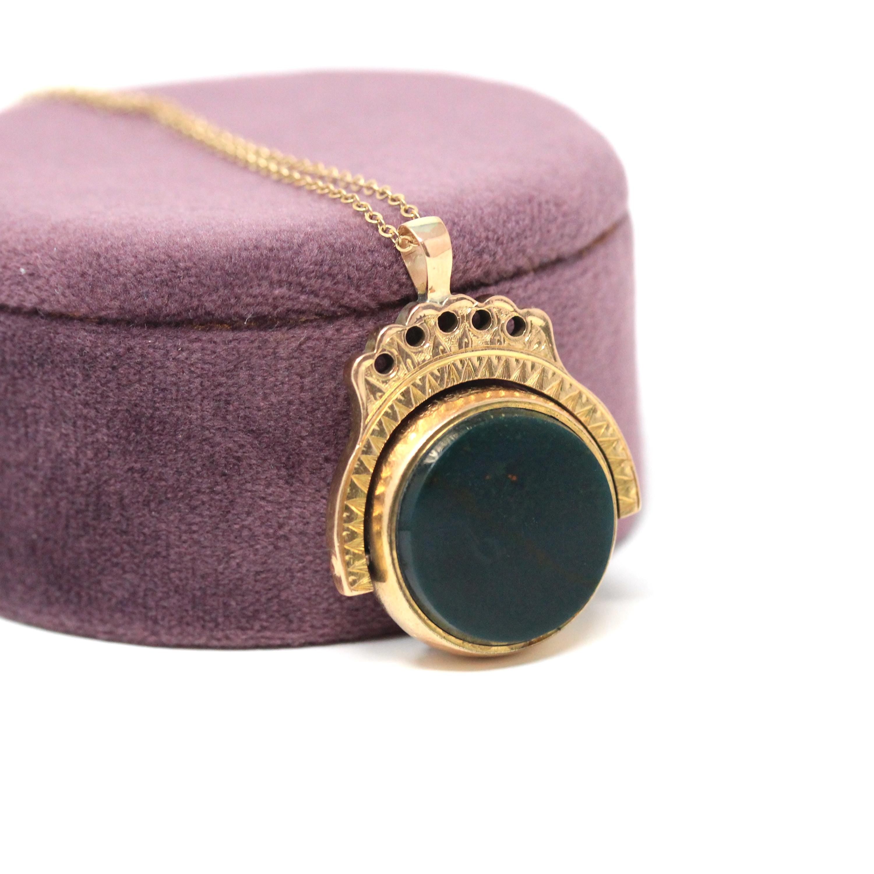 Antique Spinner Pendant - Edwardian 9K Yellow Gold Natural Bloodstone Sardonyx Flip Charm Necklace - Hallamrked 1911 Two Sided Fob Jewelry