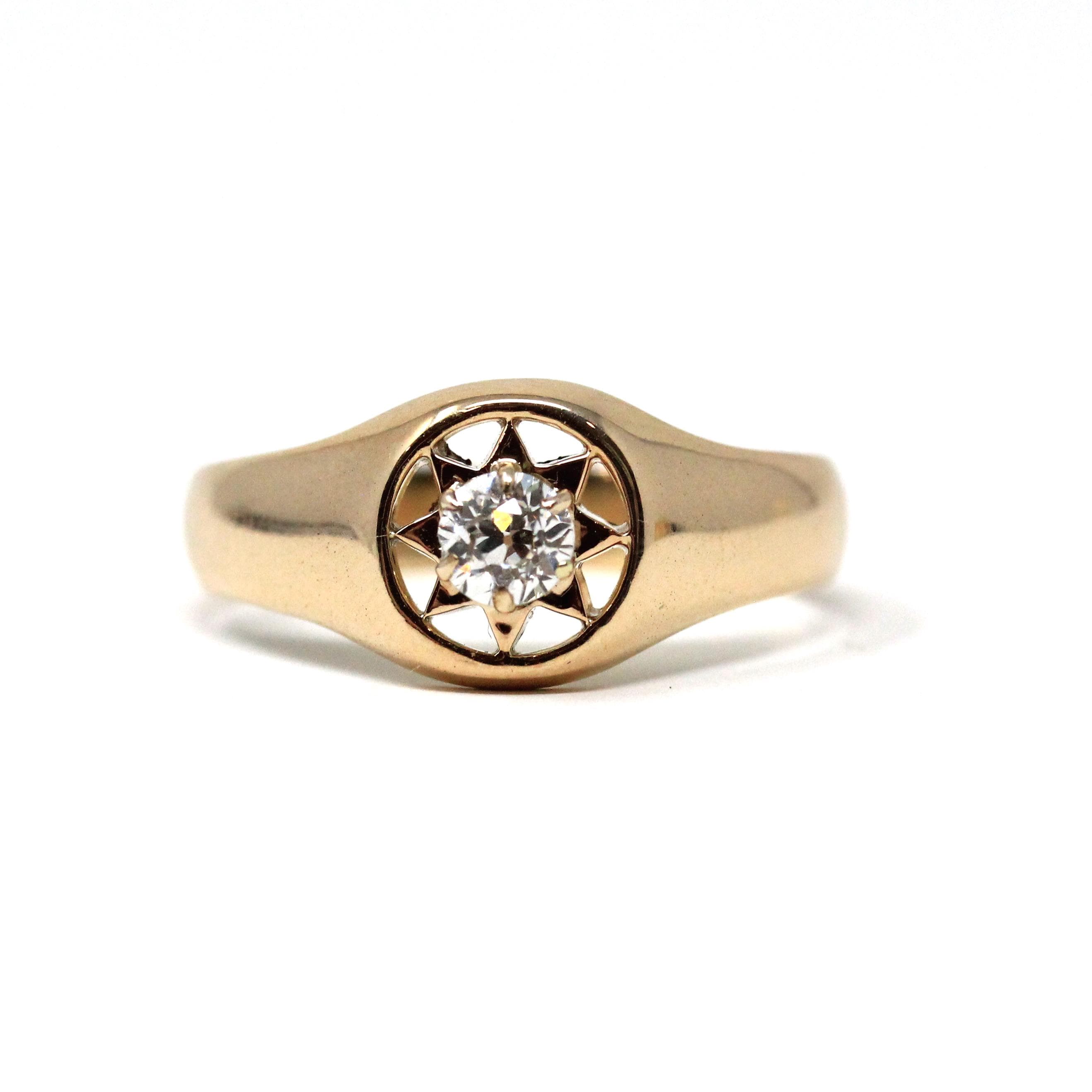 Antique Diamond Sun Ring - Edwardian 14k Yellow Gold .27 CT Solitaire - Circa 1910s Size 8.75 Celestial Men's Unisex Fine Engagement Jewelry