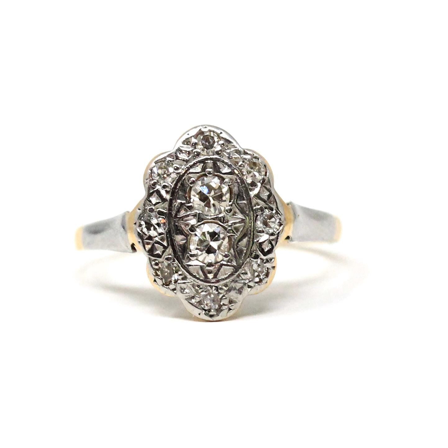 Vintage Shield Ring - Art Deco 18k Yellow Gold & Platinum Diamond Cluster Halo - Circa 1930s Era Size 4 1/2 Two Tone Fine Statement Jewelry