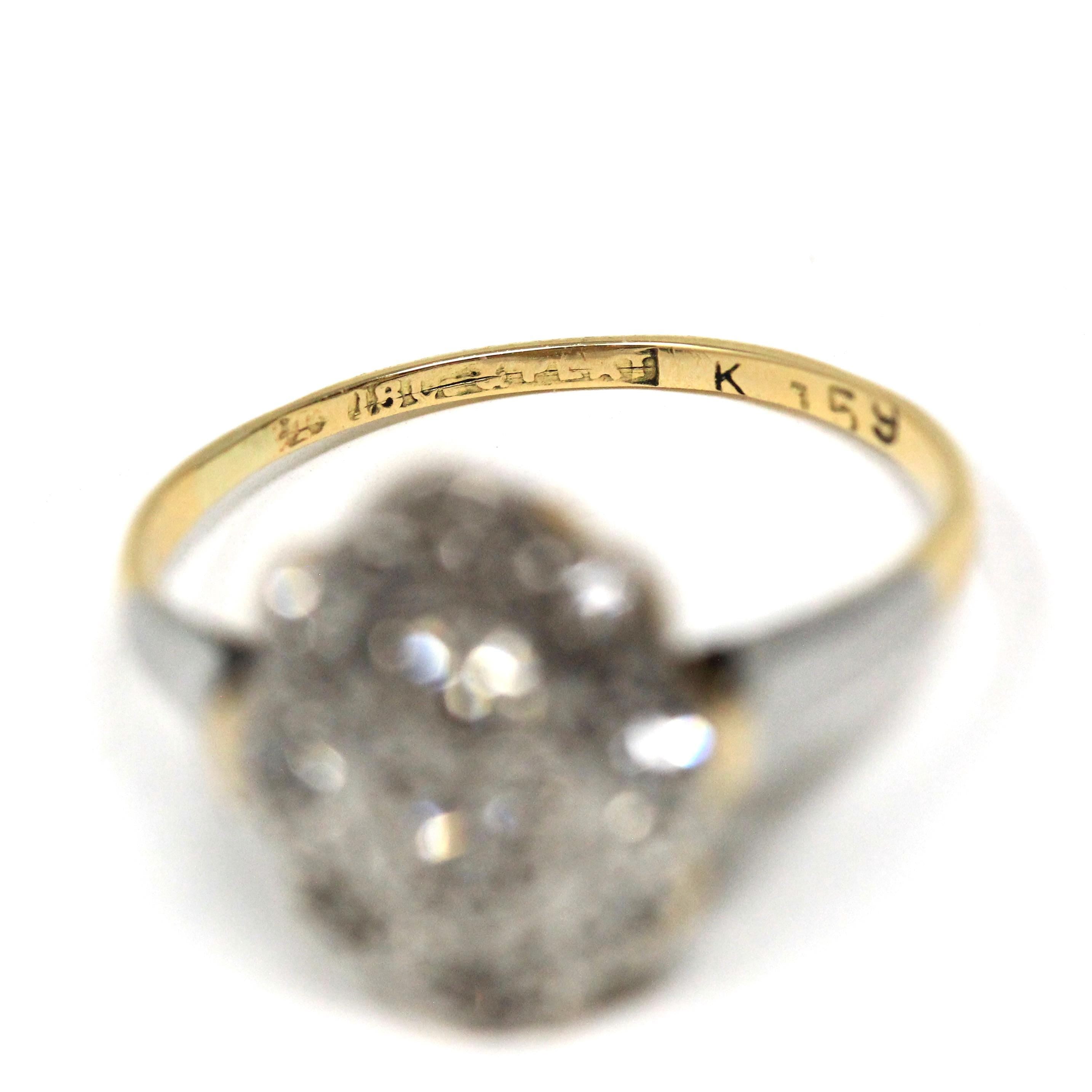 Vintage Shield Ring - Art Deco 18k Yellow Gold & Platinum Diamond Cluster Halo - Circa 1930s Era Size 4 1/2 Two Tone Fine Statement Jewelry