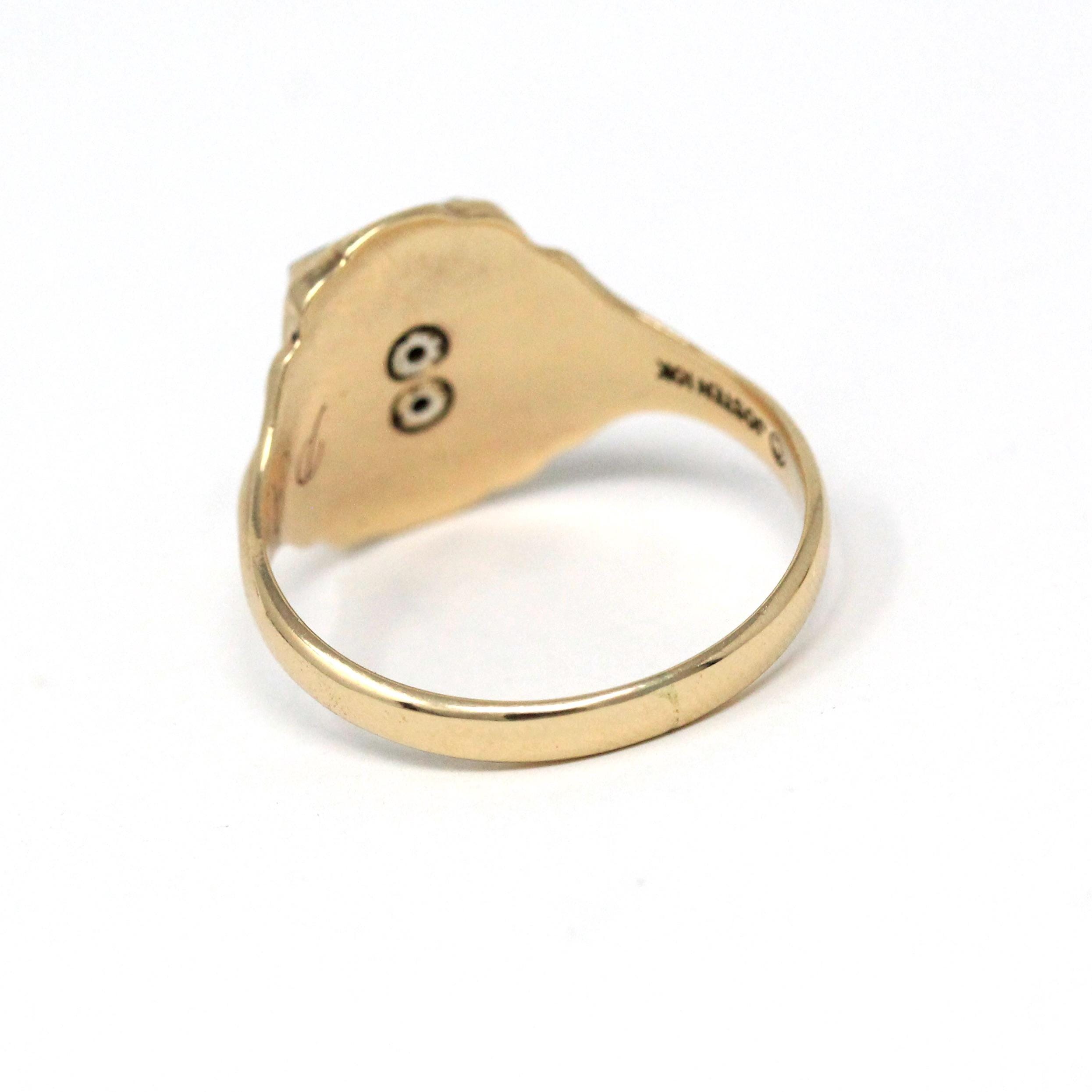 Initial "I" Ring - Retro 10k Yellow Gold Black Chalcedony & Enamel Signet - Vintage Circa 1960s Era Size 8 3/4 Fine Unisex Statement Jewelry