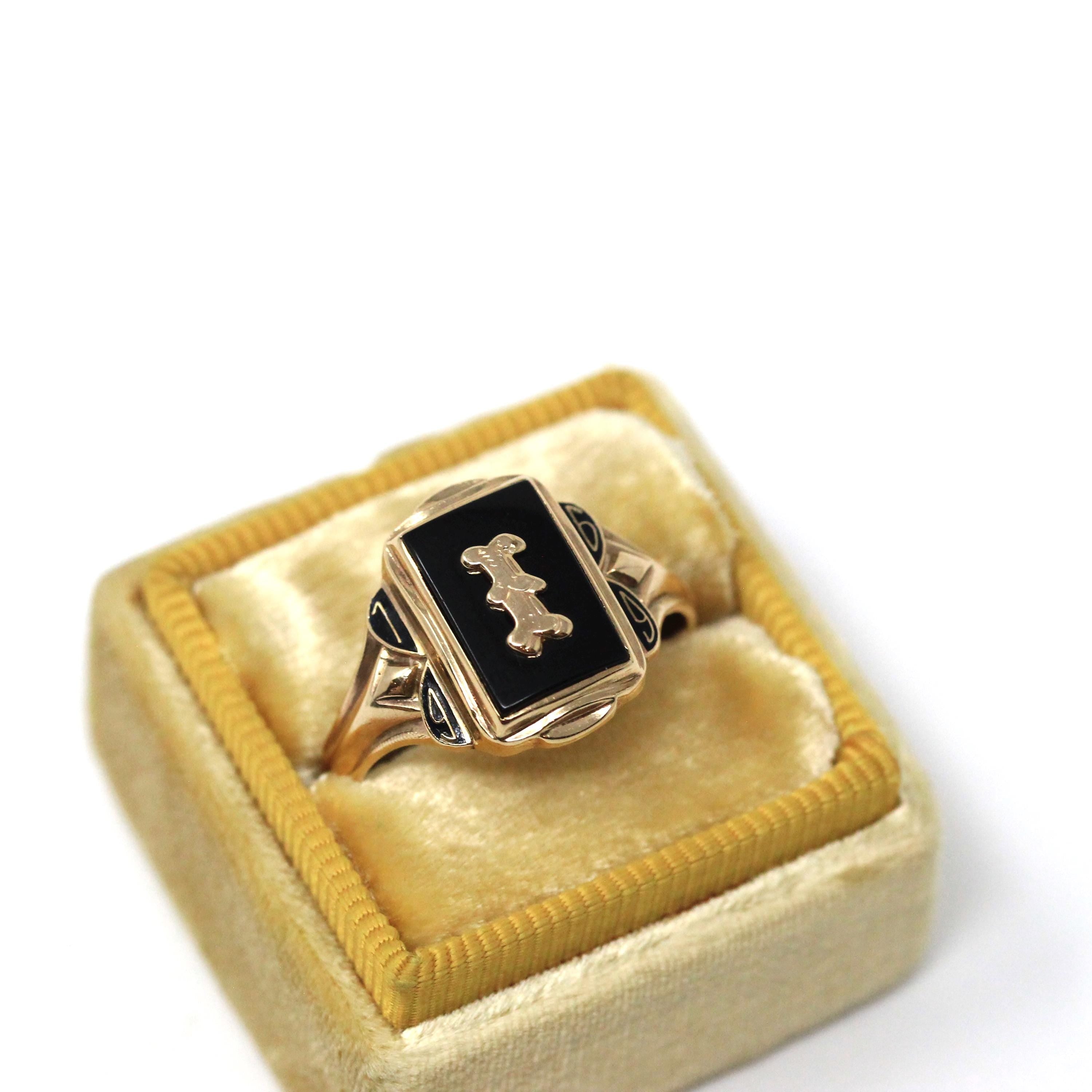 Initial "I" Ring - Retro 10k Yellow Gold Black Chalcedony & Enamel Signet - Vintage Circa 1960s Era Size 8 3/4 Fine Unisex Statement Jewelry