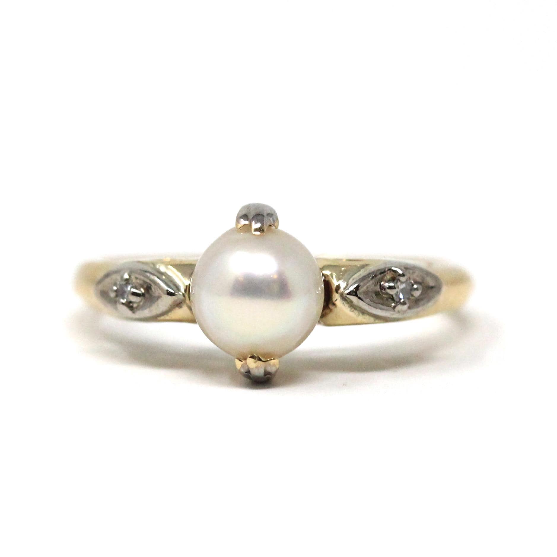 Cultured Pearl Ring - Mid Century 10k Yellow & White Gold Diamond Accents - Circa 1940s Era Size 5.5 June Birthstone Fine Statement Jewelry