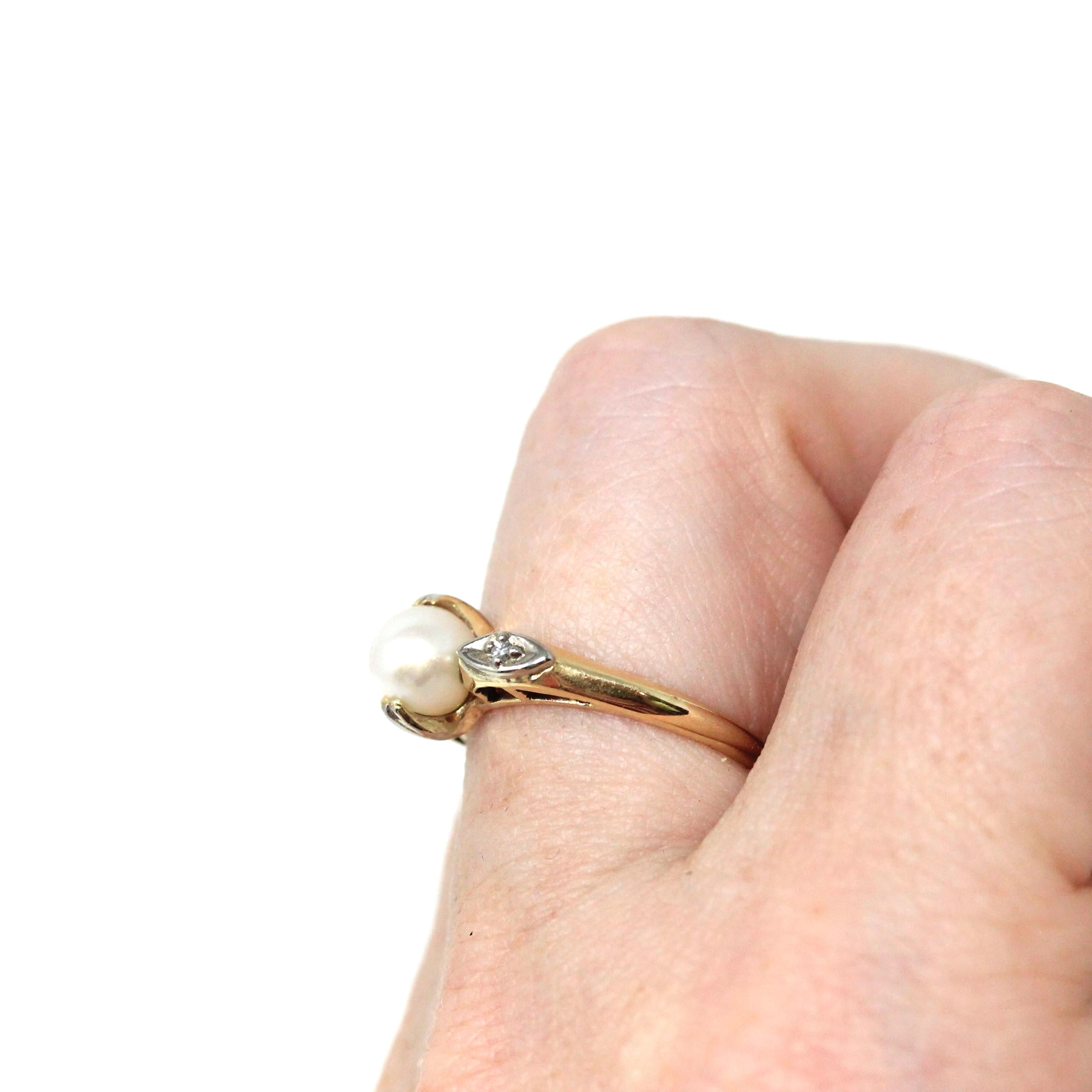 Cultured Pearl Ring - Mid Century 10k Yellow & White Gold Diamond Accents - Circa 1940s Era Size 5.5 June Birthstone Fine Statement Jewelry