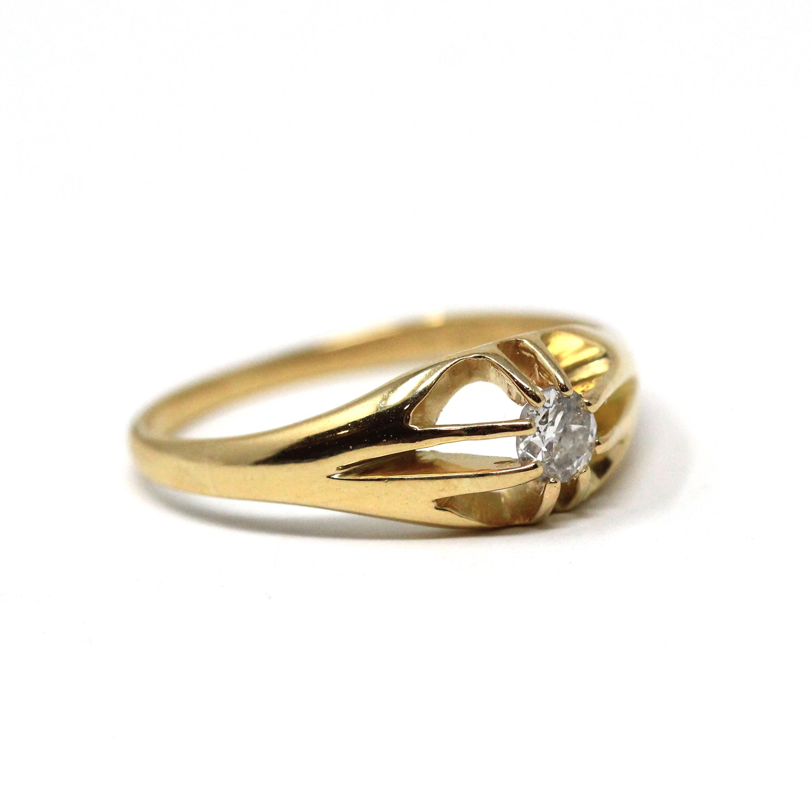 Edwardian Diamond Ring - Antique 18k Yellow Gold .23 CT Men's Unisex Solitaire - Antique 1910s Size 9 3/4 Belcher Fine Engagement Jewelry