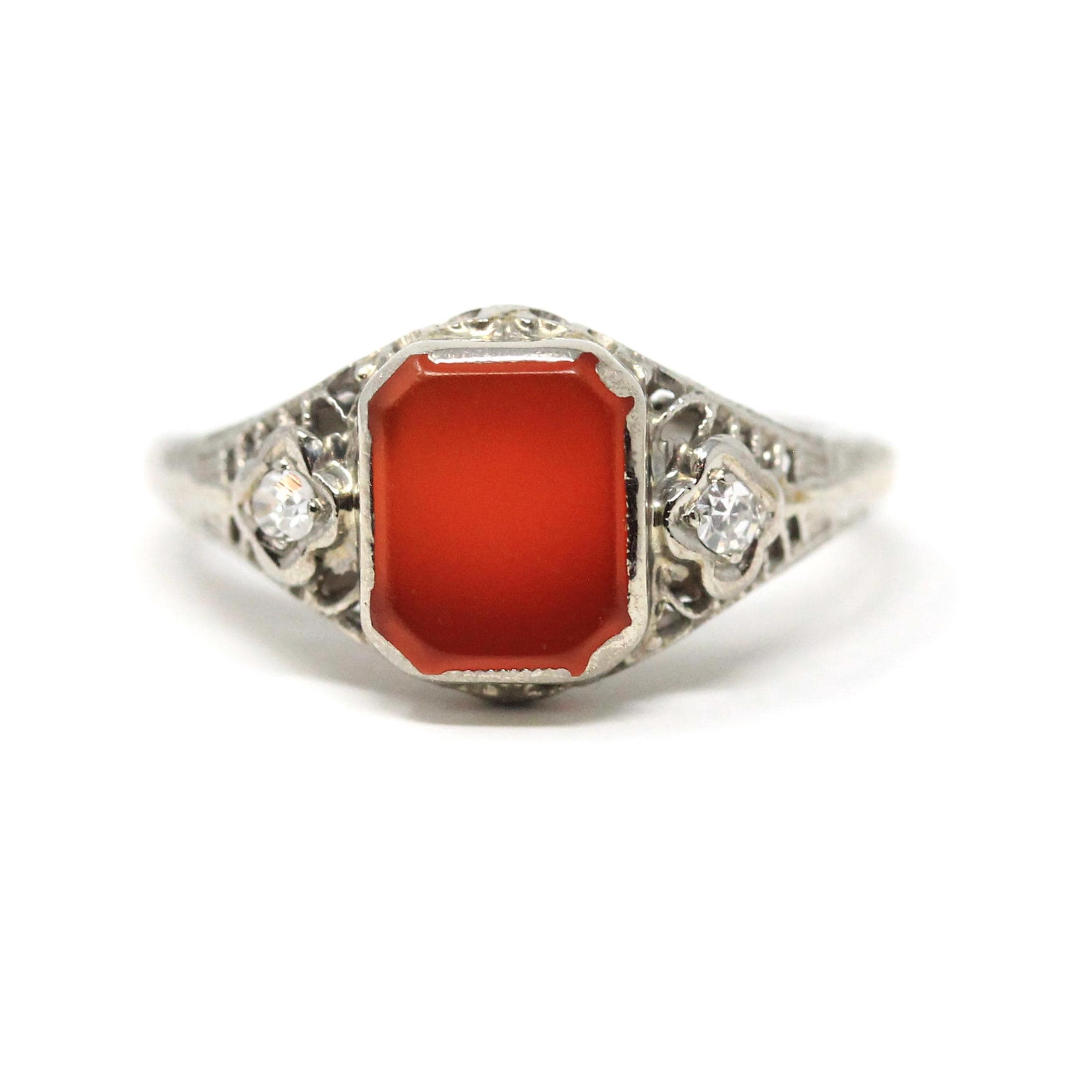 Vintage Sard Ring - Art Deco 14k White Gold Bezel Set Dark Red Gemstone & Natural Diamonds - Circa 1930s Size 5 3/4 Filigree Fine Jewelry